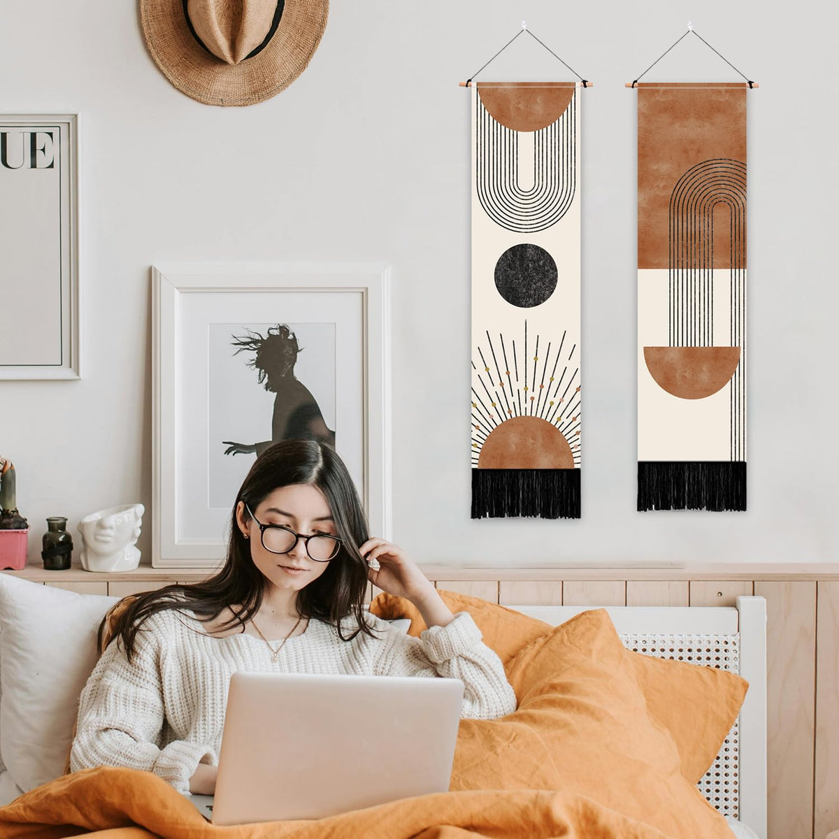 2 Pack Boho Style Tapestry with Tassels (brown,beige)