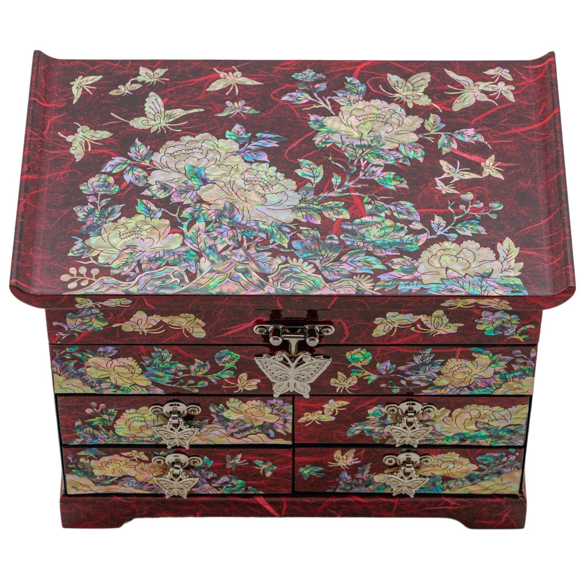 Mother of Pearl Wooden Jewelry Organizer Box (Peony_Red)