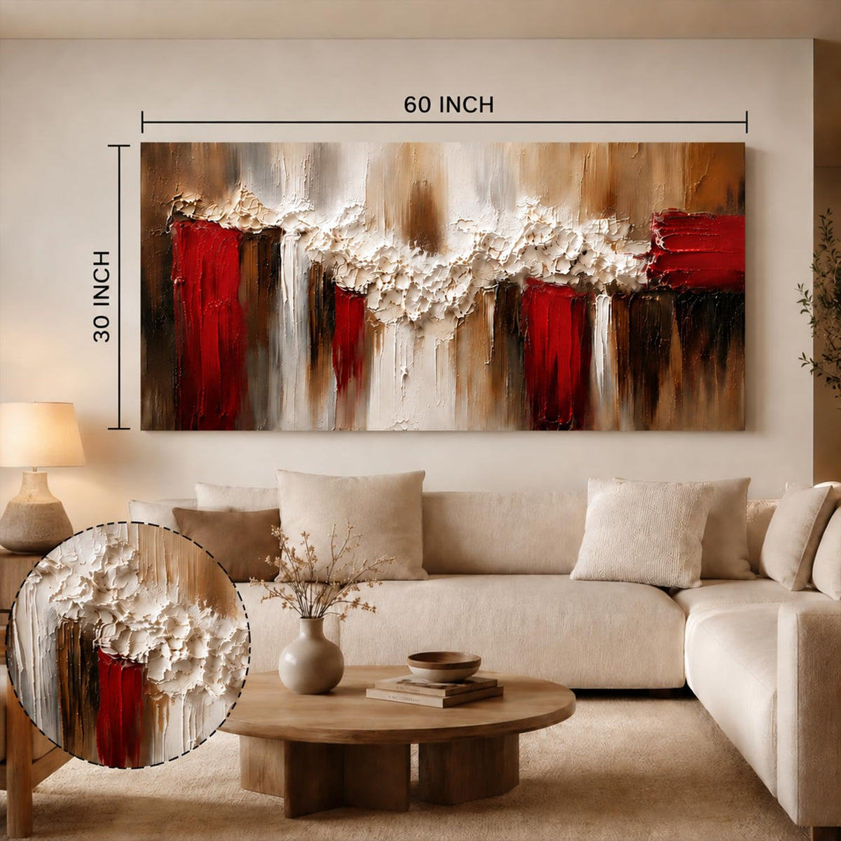 Vintage Neutral Abstract Canvas Wall Art for Living Room Mid Century Modern Painting Picture Minimalist Beige Brown Red Wall Decor (60"L x 30"W / Red Neutral)