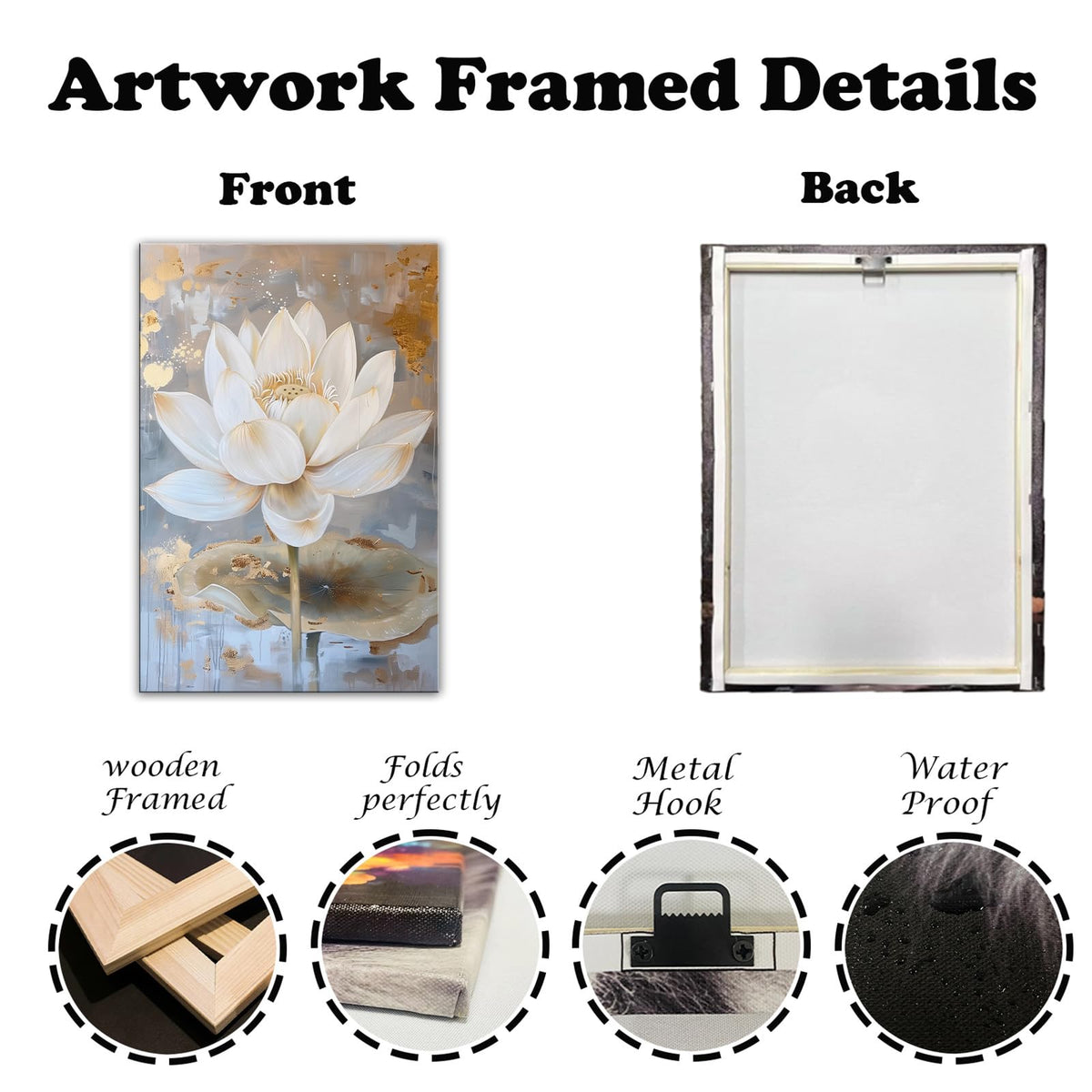 Gold White Lotus Canvas Wall Art Blooming Lotus Flower Painting Print Abstract Zen Floral Poster Artwork for Living Room Bedroom Decor Framed (Artwork-9 / 36"L x 24"W)