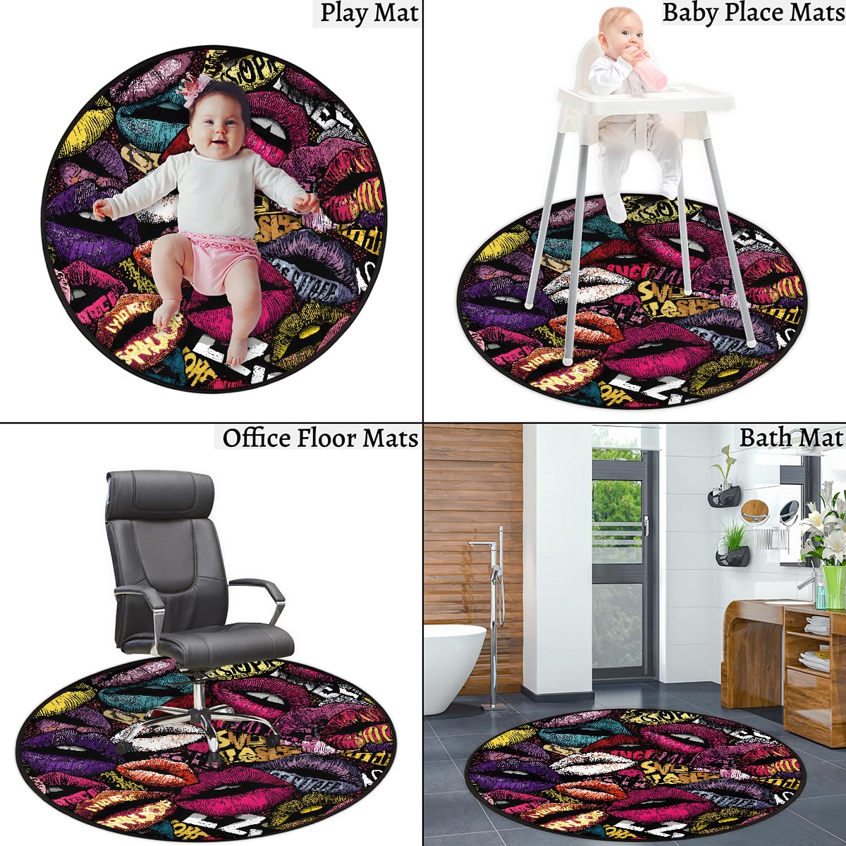 3 Ft Colorful Lips Round Rug Circle Area Rugs Circular Door Mat for Indoor (Color31 / 3'3" (Round))
