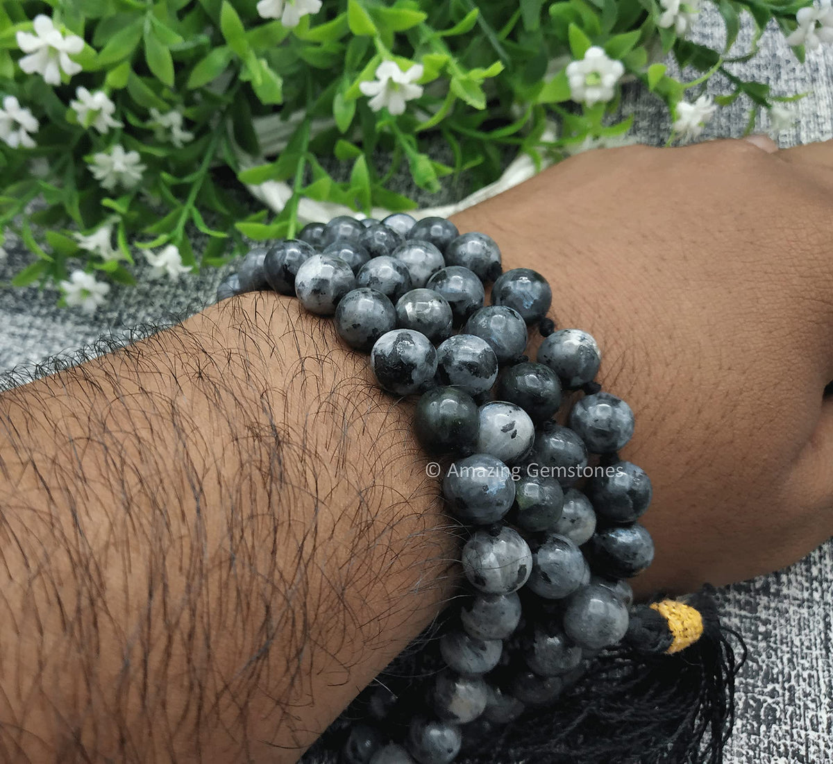 Larvikite Black Labradorite Buddhist Prayer Beads Japa Mala with 108 Meditation Beads (Hand Knotted / Larvikite Black Labradorite)