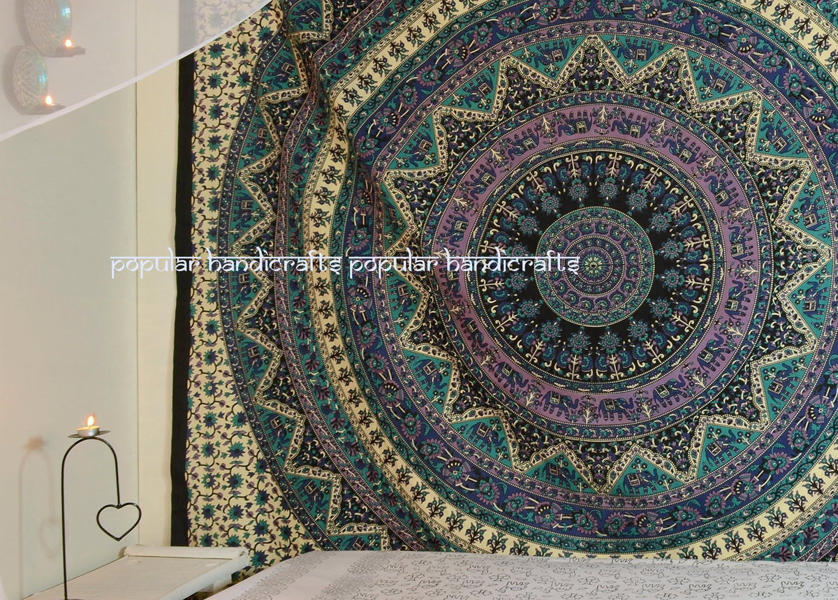Tapestry Wall Hanging Elephant Hippie Mandala Bohemian Hippy Intricate Indian Tapestries Bedspread 84 x 90 Inches (90"L x 84"W / Tarquish)