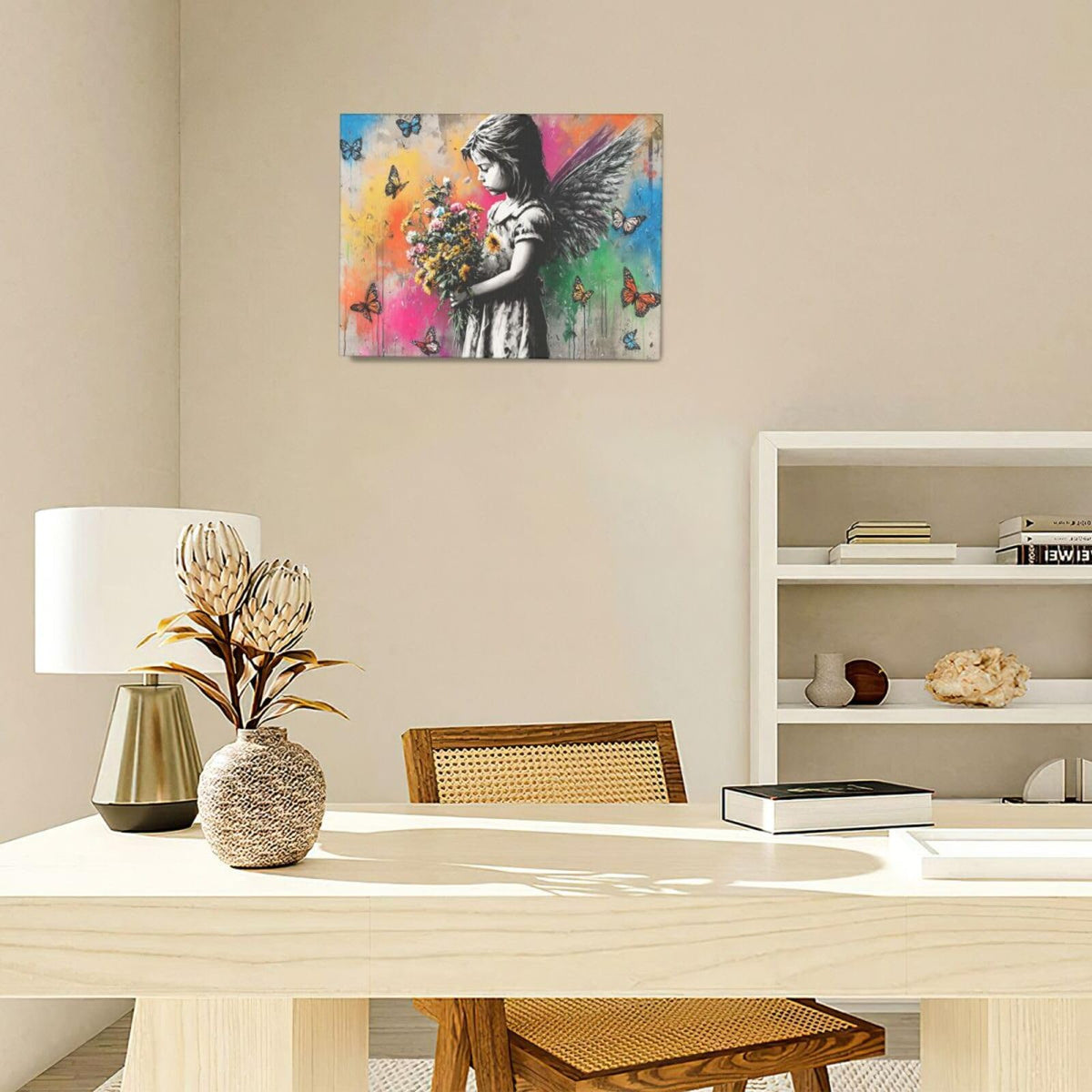 Banksy Wall Art Butterfly Girl Pictures Street Pop Art Graffiti Canvas Wall Decor Vintage Kids Aesthetic Painting Artwork Decorations Framed for Living Room Bedroom Bathroom Kid Room Office 12"x16" (Banksy girl / 16"L x 12"W)