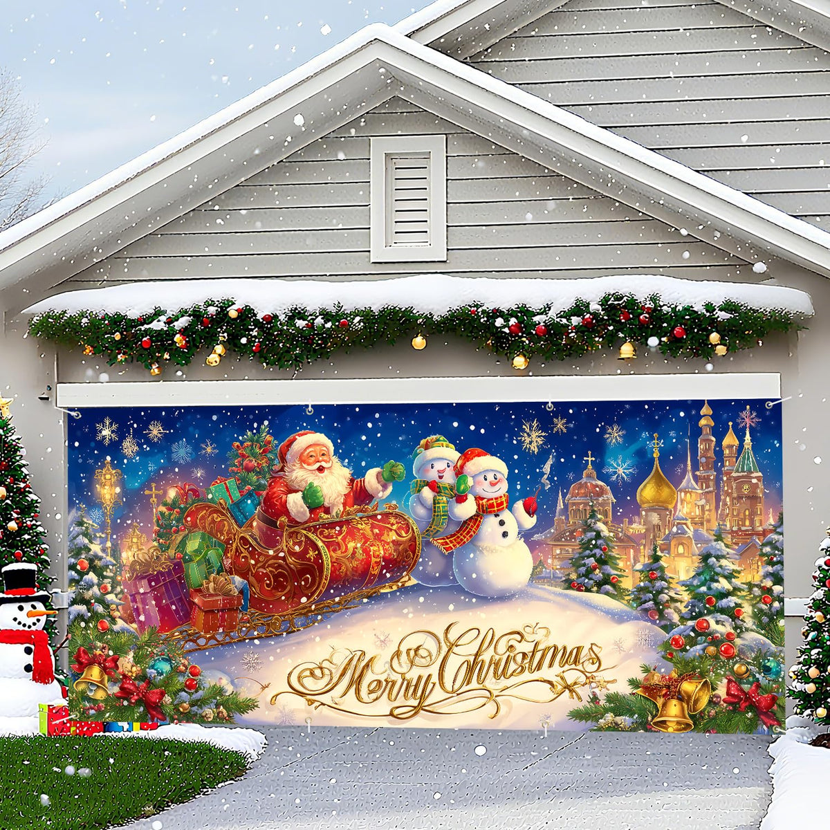 Santa Sleigh Merry Christmas Garage Door Banner (64 / 6 x 13 ft)