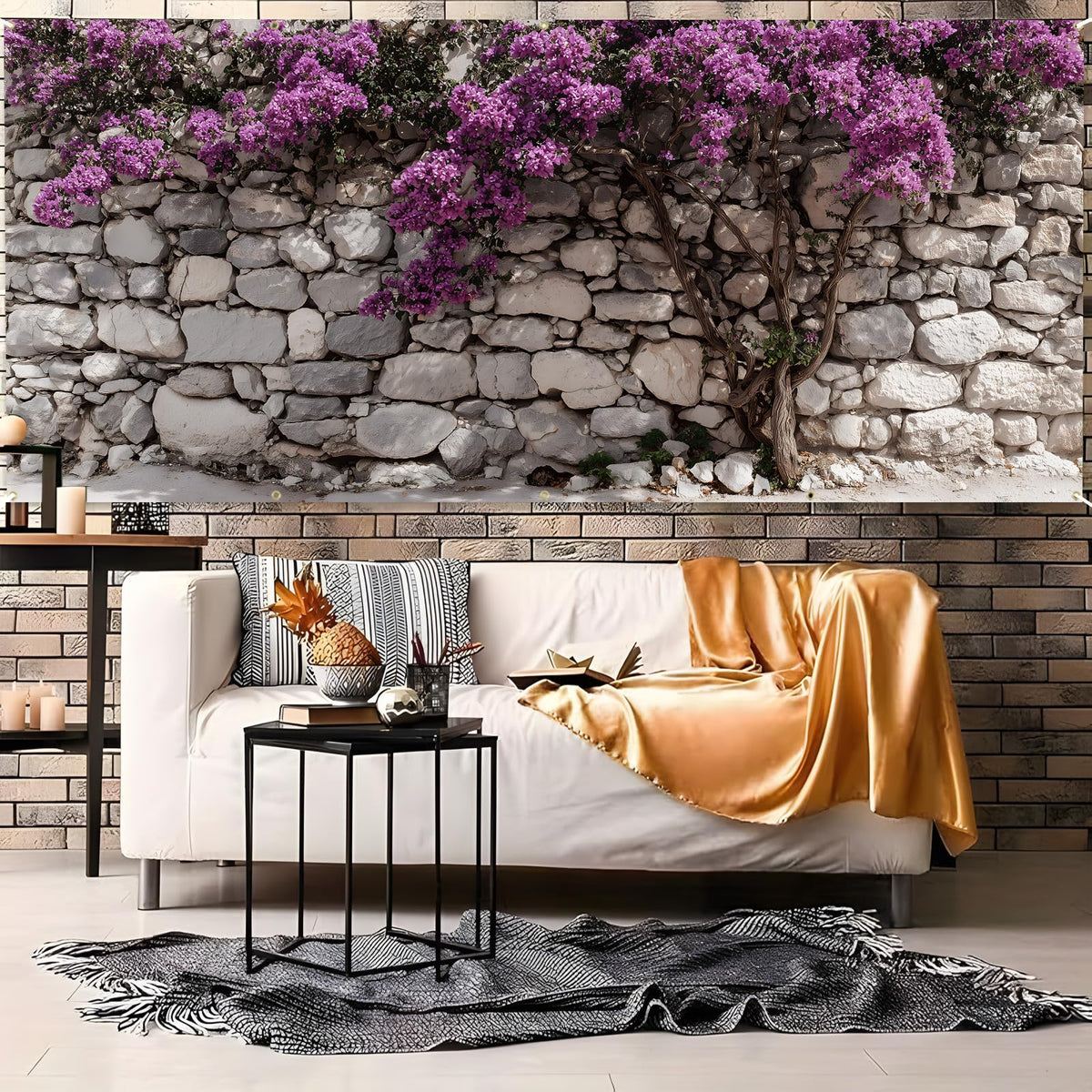 Garage Door Banner Cover 6x13 ft (Bougainvillea on a Stone Wall)
