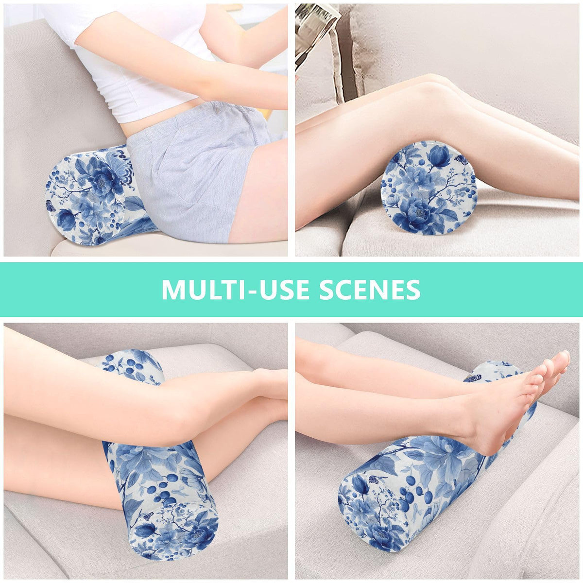 Blue White Flower Neck Roll Pillow Bolster Round Health Memory Foam Long Cervical Roll Cylinder Pillows with Removable Washable Cover for Body Bed Legs Back Yoga (Blue and White 35)