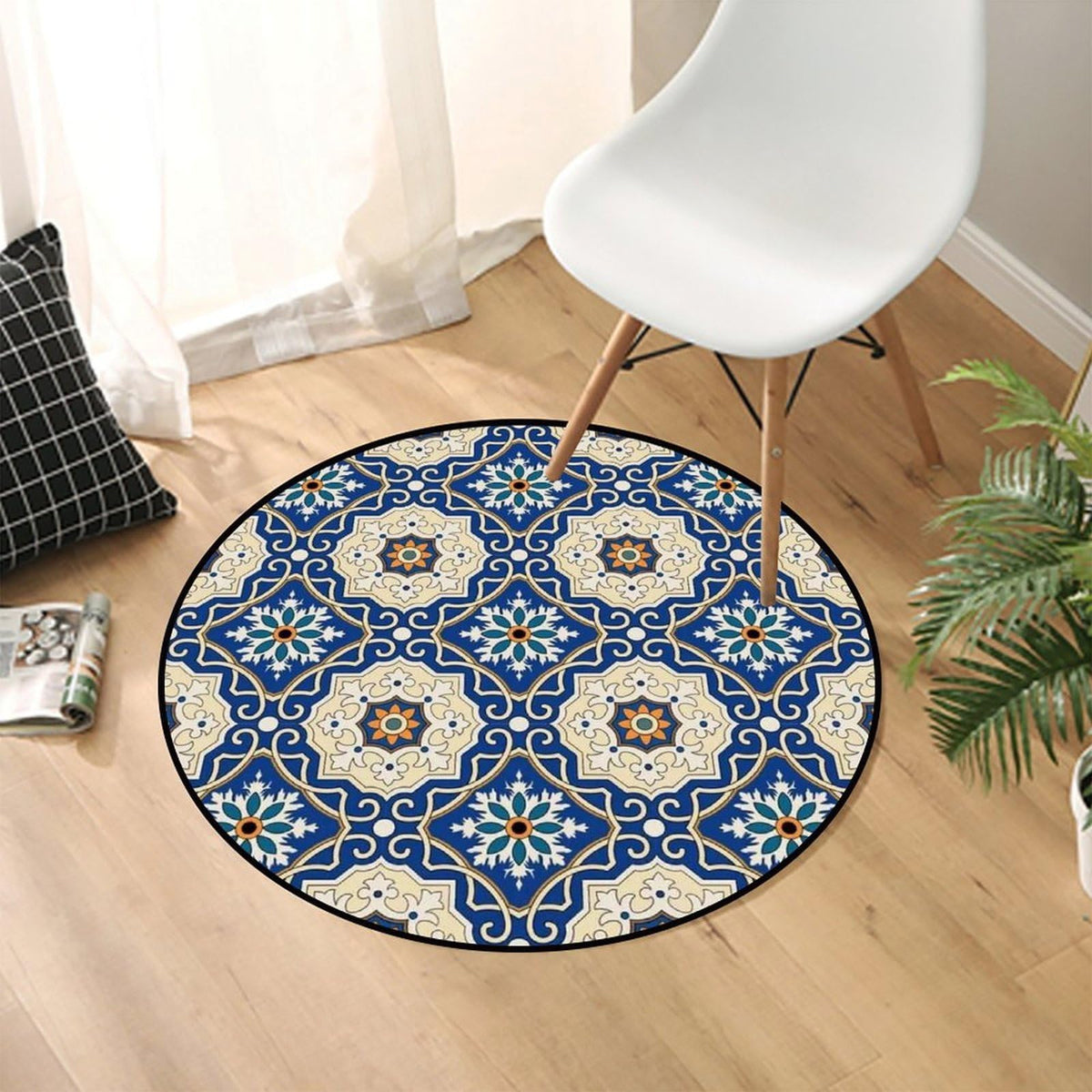 Round Area Rugs 3 FT Washable Non Slip Circle Rug (Moroccan Navy Blue Mandala / 3' (Round))