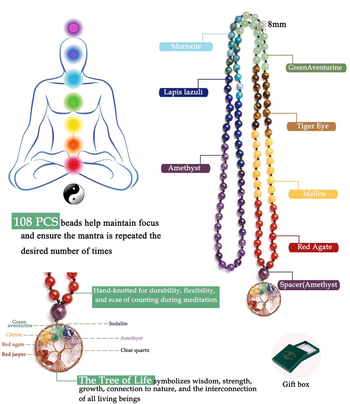 108 Mala Beads Necklace Life Tree Charm Real 7 Chakra Gemstone Long Beaded Necklace Prayer Yoga Meditation Hand Knotted Wrap Bracelet (8mm / 7 Chakras Stone)