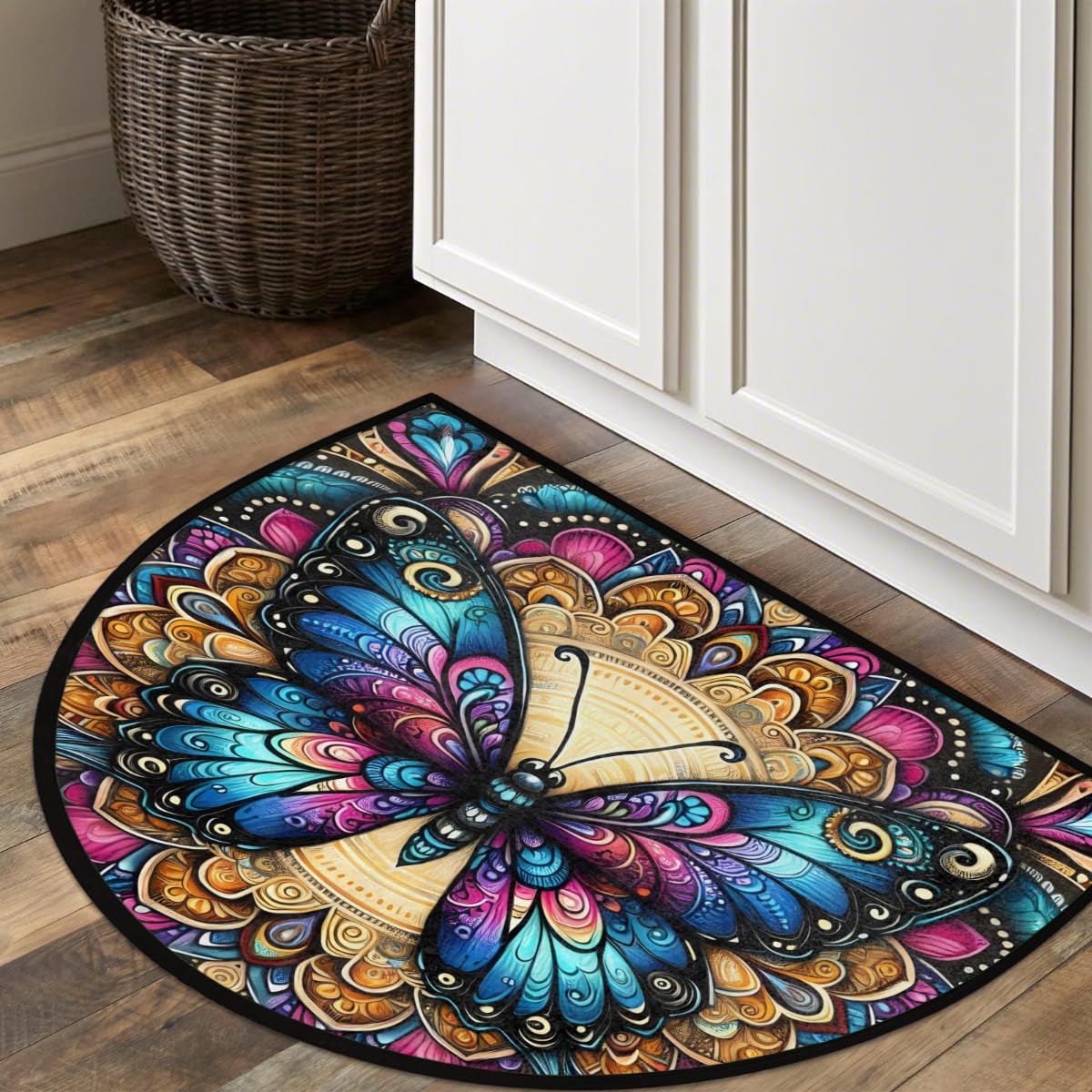 Half Round Doormat Butterfly Boho Colorful Semi Circle Rug Non Slip Indoor Outdoor Entrance Half Moon Rug Washable Front Floor Mat for Kitchen Bathroom Patio Fireplace Holiday Decor (B06:butterfly Boho)