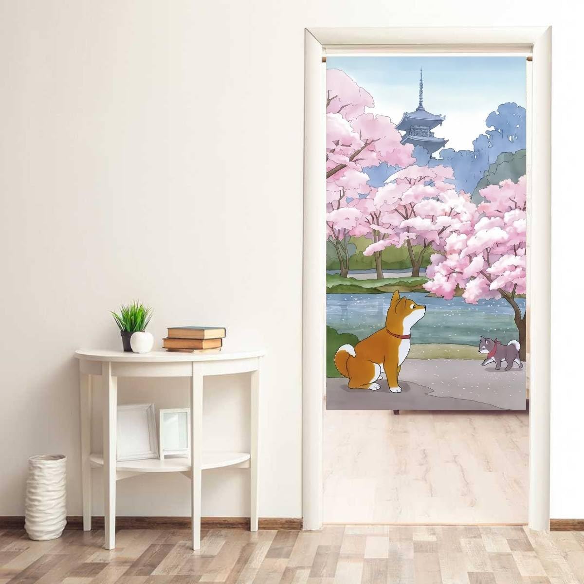 Noren Japanese Doorway Curtain Asian Tapestry Decorations Room Divider Privacy Cherry Blossom Puppy Anime Curtains Oriental Traditional Chinese (Sakura and Akita-dog / 33.5"W x 67"L (Pack of 1))