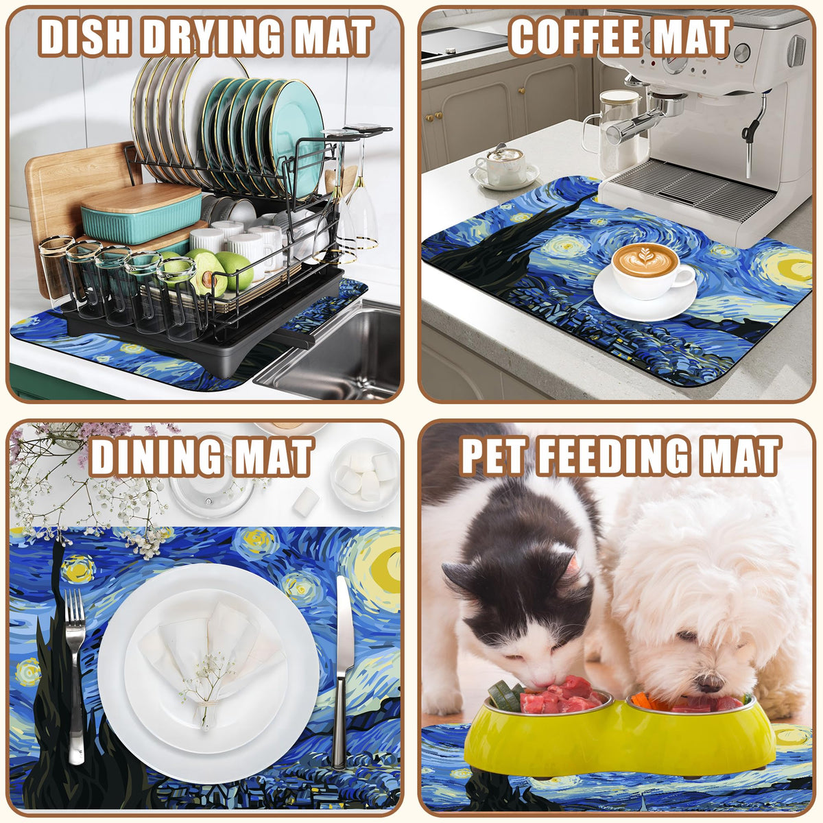 Dish Drying Mat Starry Night Art Coffee Bar Mat for Countertop Absorbent Rubber Backed Hide Stain Dish Drainer Rack Pad Espresso Machine Coffee Pot Dining Room Decoration 11.8 x 19.7 Inch (11.8" x 19.7")