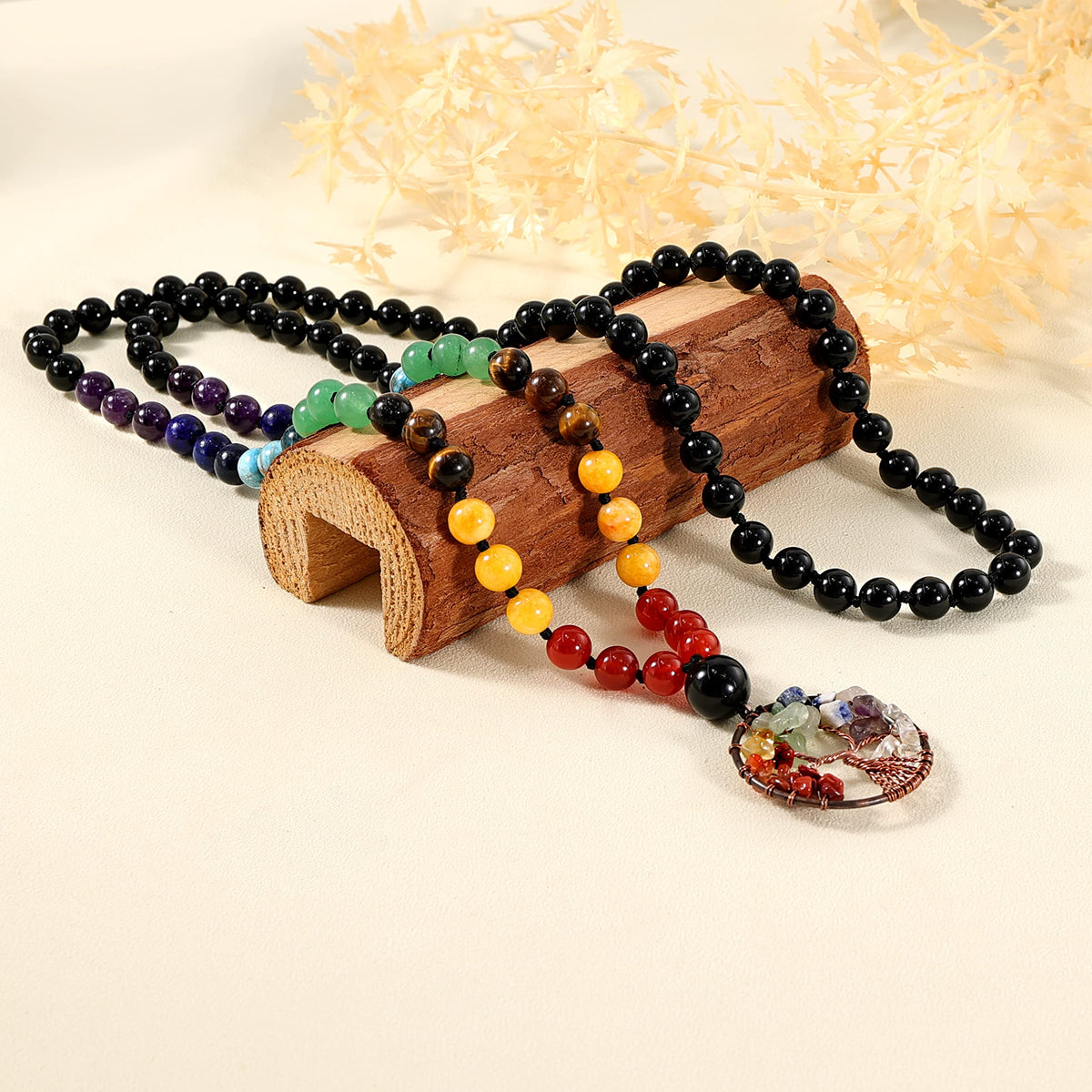 108 Mala Beads Necklace Tree of Life 7 Chakra Wrap Bracelet Real Healing Gemstone Yoga Meditation Hand Knotted Mala Prayer Bead Necklace (8mm / Black Agate)