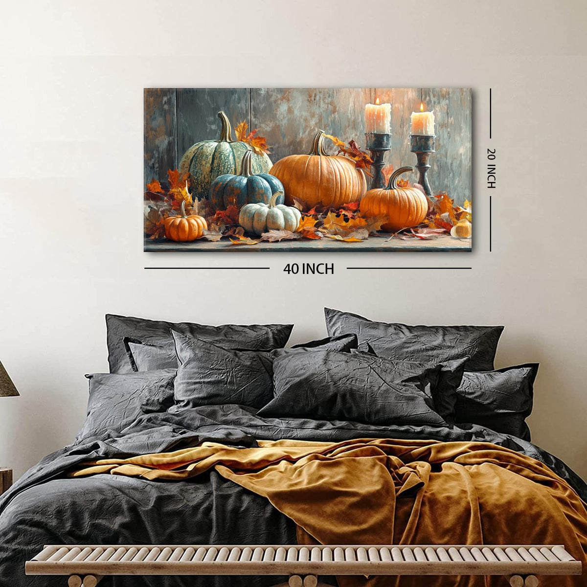 Pumpkin Wall Art Fall Kitchen Wall Decor Farmhouse Halloween Pictures Autumn Maple Leaves Canvas Prints Orange Pumpkins Painting Thanksgiving Artwork for Dining Room Bedroom Home Decoration 20x40" (40"L x 20"W / Pumpkin)
