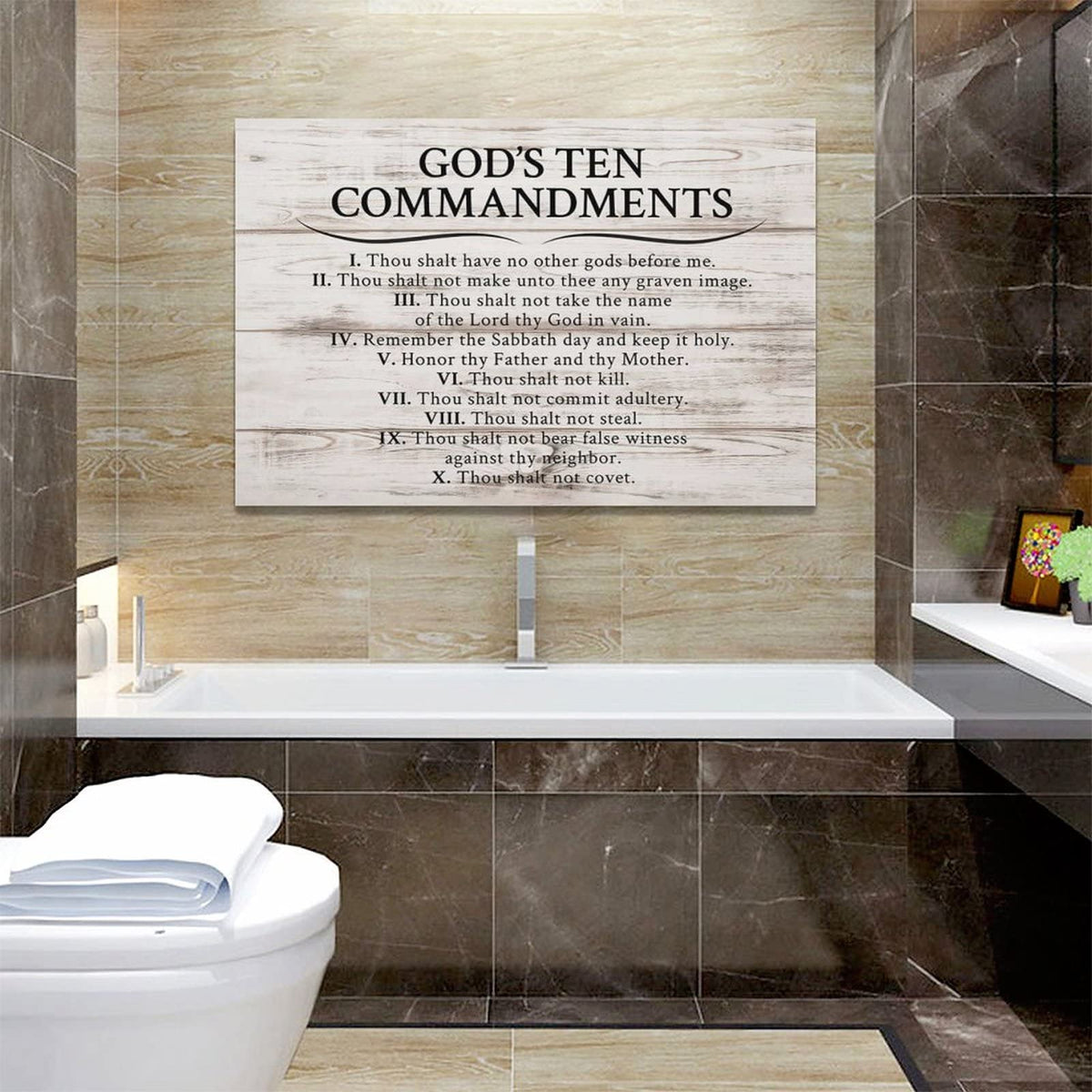 Ten Commandments Wall Decor 10 Commandments Wall Art Christian Scriptures Canvas Prints Bible Verse Pictures Painting Modern Artwork Home Decoration for Living Room Bedroom Bathroom 24"x16" (Wooden / 24"L x 16"W)