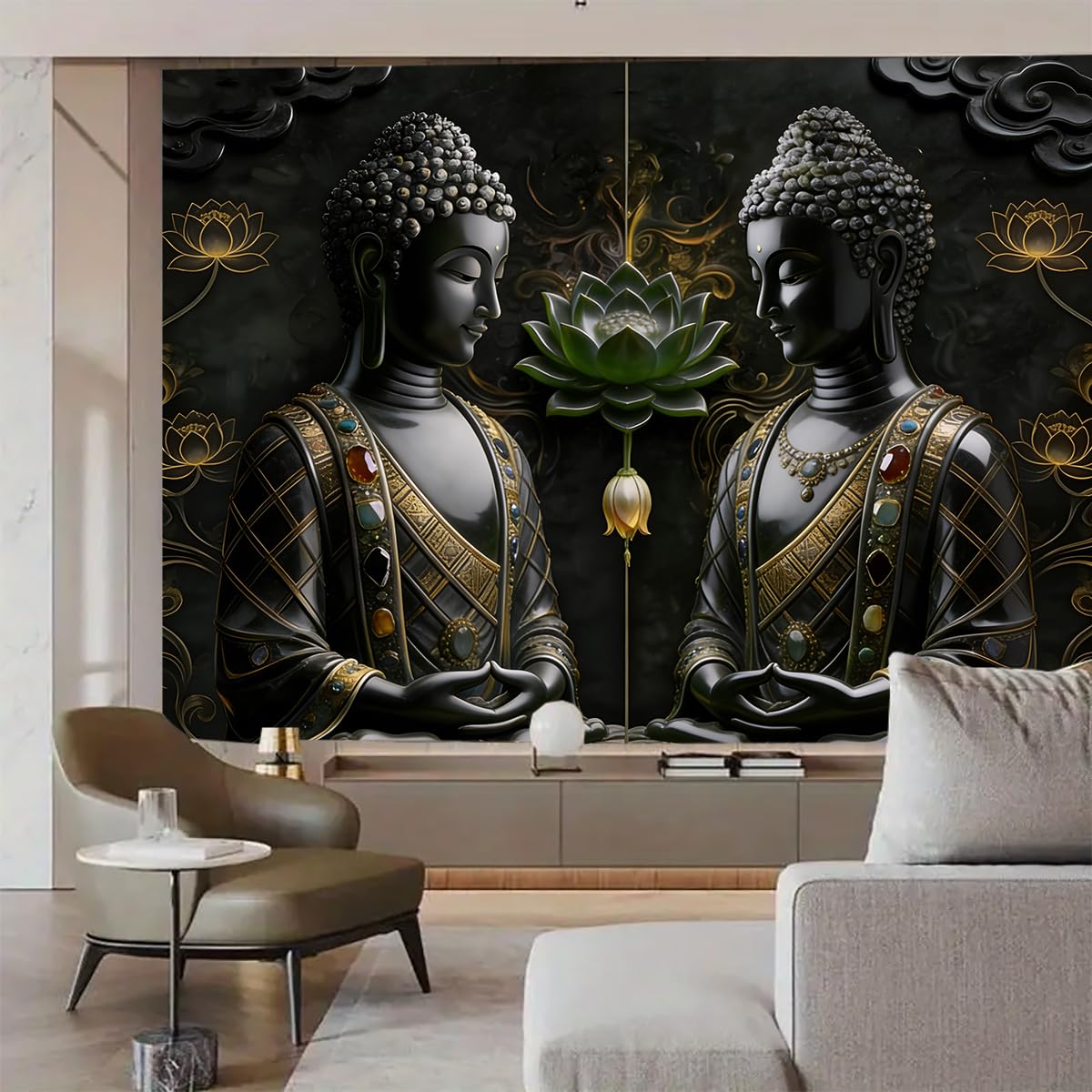 Black Vintage Sitting Buddha Tapestry Wall Hanging Buddhist Statue Tapestries Green Lotus Meditation Wall Decor Psychedelic Indian Zen Art for Bedroom Living Room Home Decor (Black2 / 79"L x 59"W)