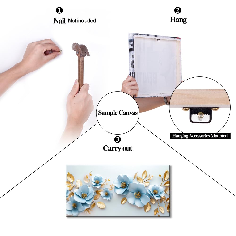 Aqua Blue Flower Wall Art for Living Room Canvas Painting Prints Pretty Floral Modern Nature Gold Elegant Artwork Office Bedroom Girls Room Decor Large (46L" x 23W" / Gold and Blue Wall Art(k830))