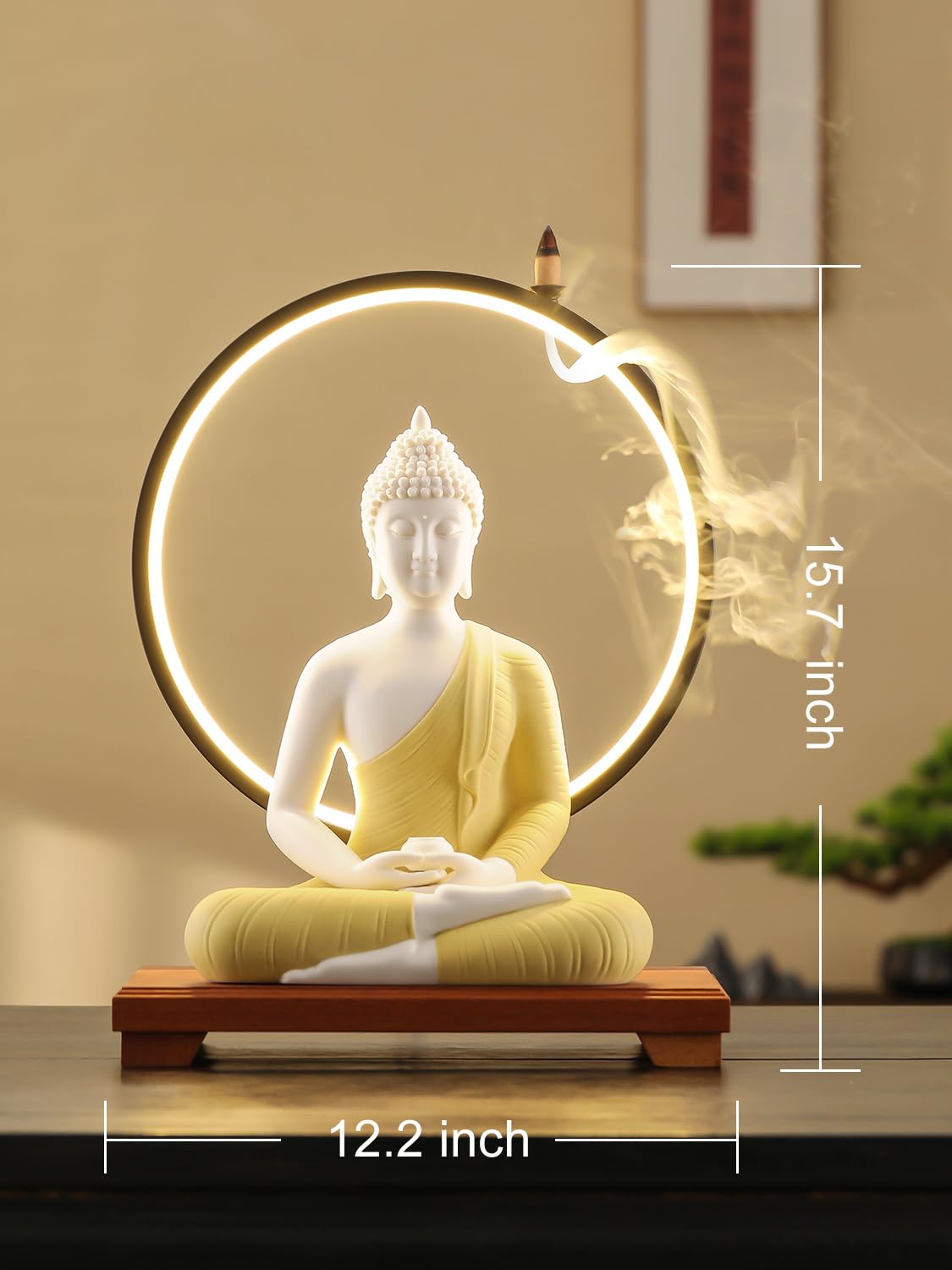12 inch Yellow Buddha Statue Indoor with 15.7 inch Circle LED Light (Yellow)