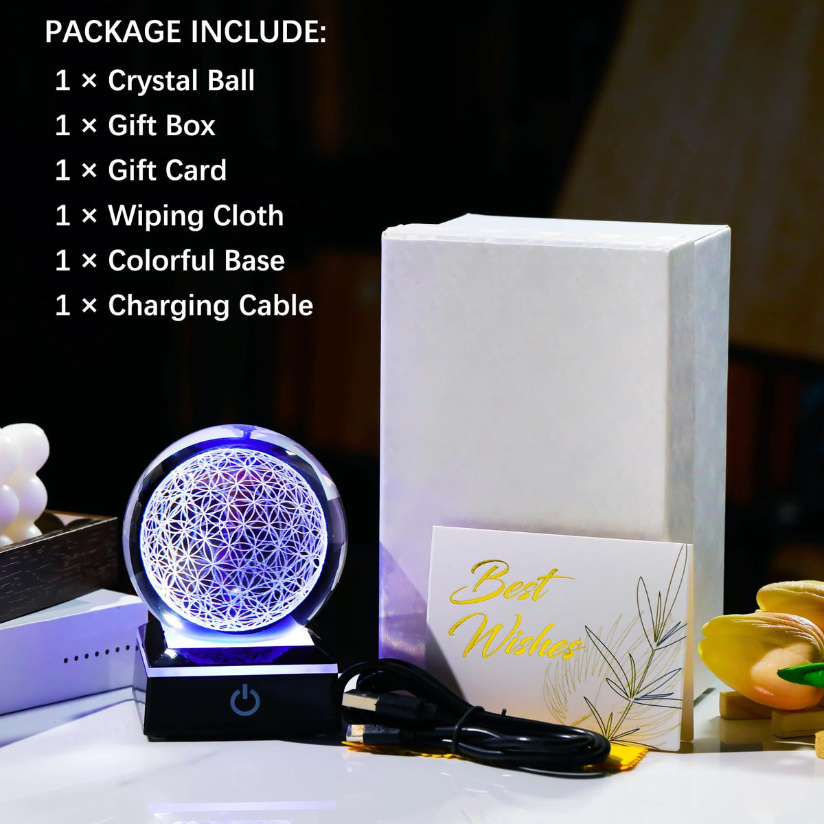 3D Flower of Life Crystal Ball with Colorful LED Base (Flower of Life)