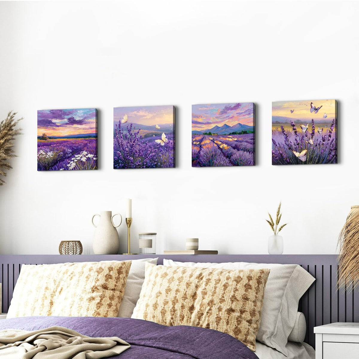 Purple Lavender Wall Art Bedroom Wall Decor Abstract Butterfly Scenery Pictures for Living Room Watercolor Sunset Forest Paintings Canvas Prints Mountain Posters Artwork Home Decoration 12x12” 4Pcs (12"L x 12"W / Butterfly03)