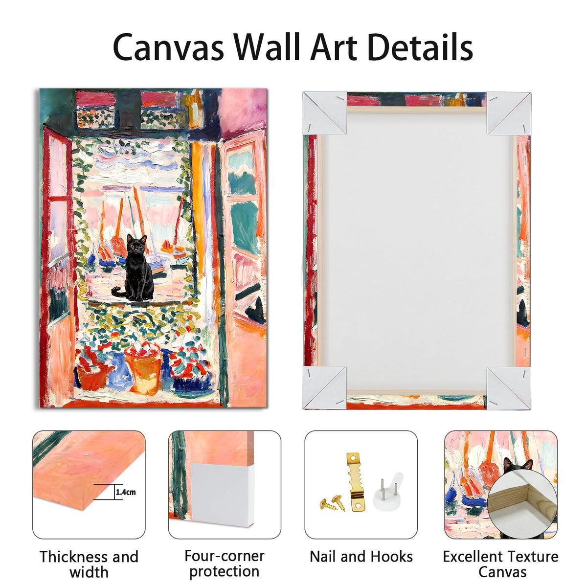 Open Window Black Cat Wall Art Print Henri Matisse Wall Painting 12"x16" (Henri Matisse Open Window / 16"L x 12"W)