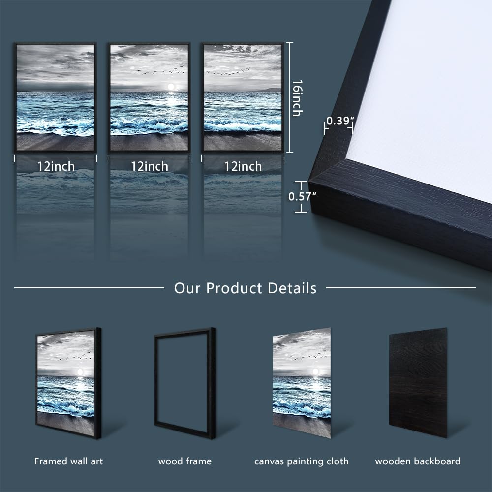 Black Framed Canvas Wall Art For Living Room & Bedroom Decor (12x16 inches (Set of 3 Panels) / Blue Ocean Landscape with Black Frame)