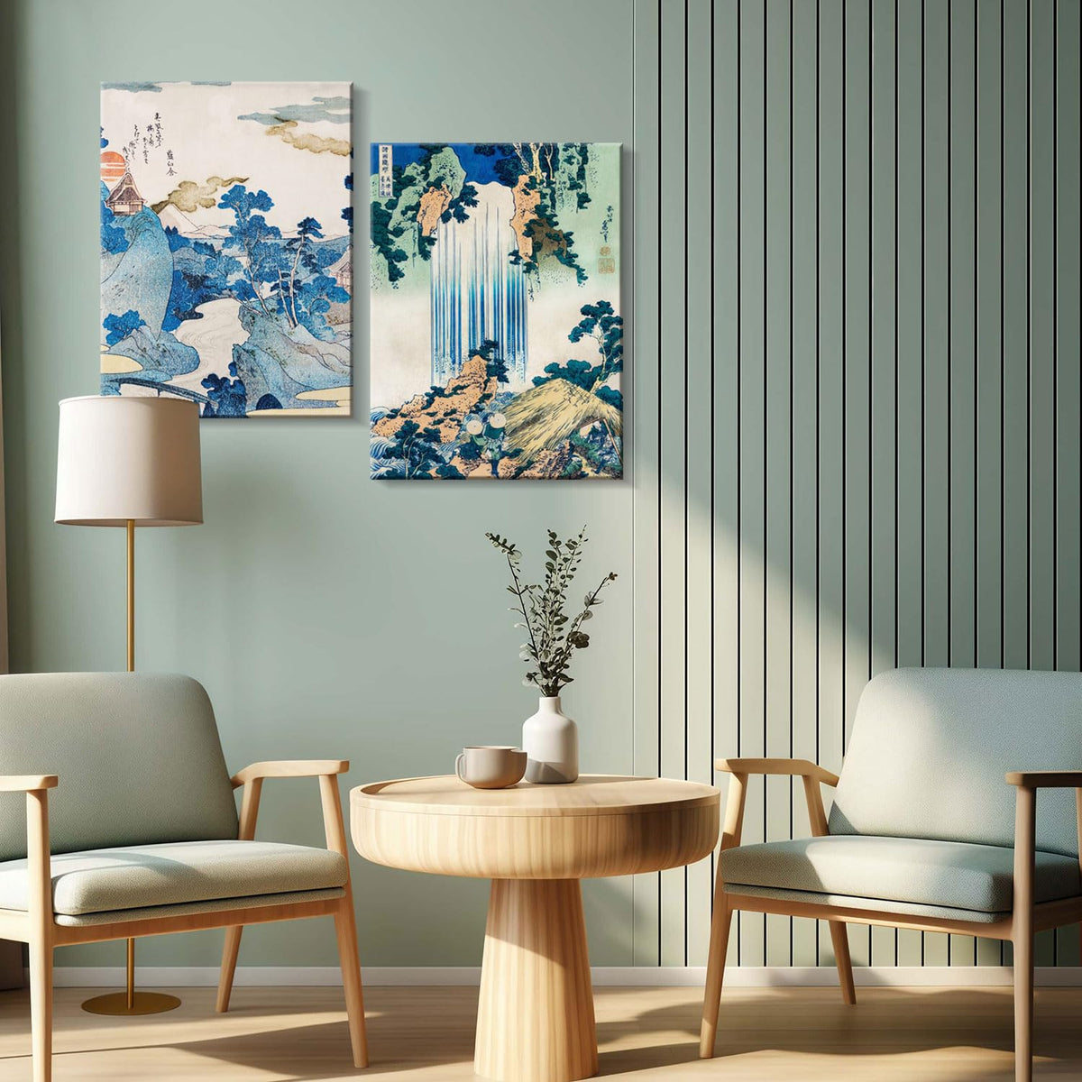 2 Pcs Japanese Landscape Waterfall Wall Art Ukiyo (Blue Landscape / 16"L x 12"W)