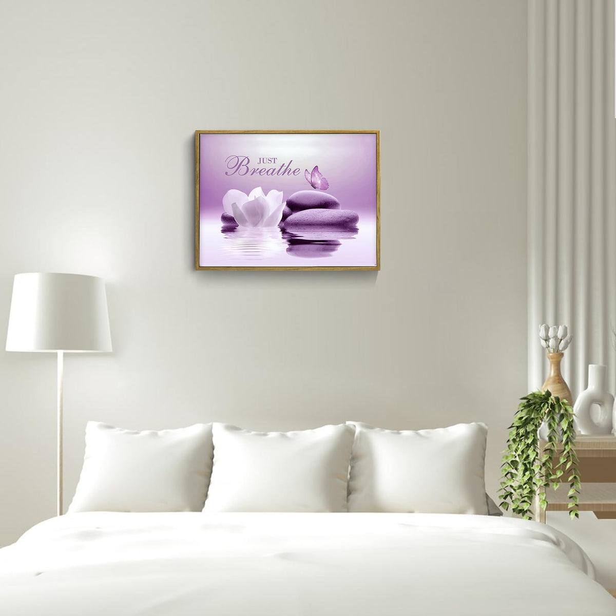 Zen Framed Wall Art for Living Room Water Lily Floral with Purple Butterfly Framed Canvas Wall Art Just Breathe Spiritual Relaxing Canvas Paintings Spa Yoga Office Wall Decor (12"L x 17"W / Purple)