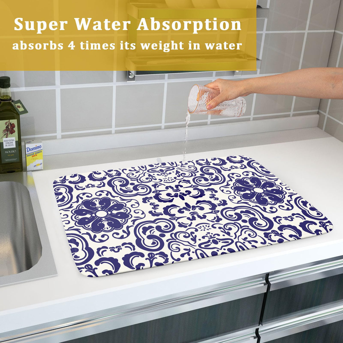 Boho Ethnic Design Dish Drying Mat for Kitchen Counter (Blue Boho Mandala230807 / 18" x 24")
