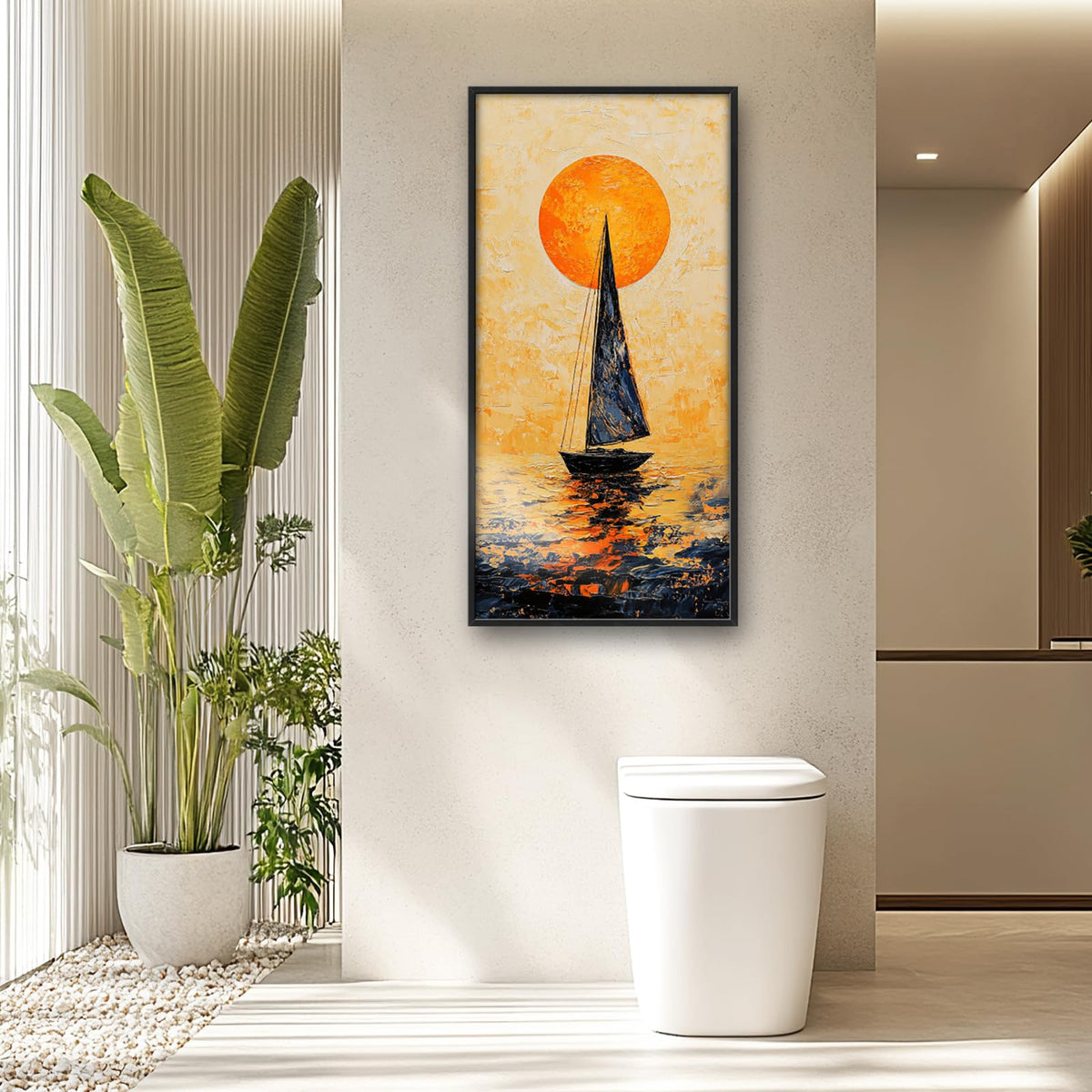 Sunset Sailboat Ocean Large Vertical Wall Art Coastal Seascape Canvas Framed Wall Decor Nautical Beach Pictures Painting for Living Room Bedroom Office 30"x60" (Sunset Sailboat Ocean / 60"L x 30"W)