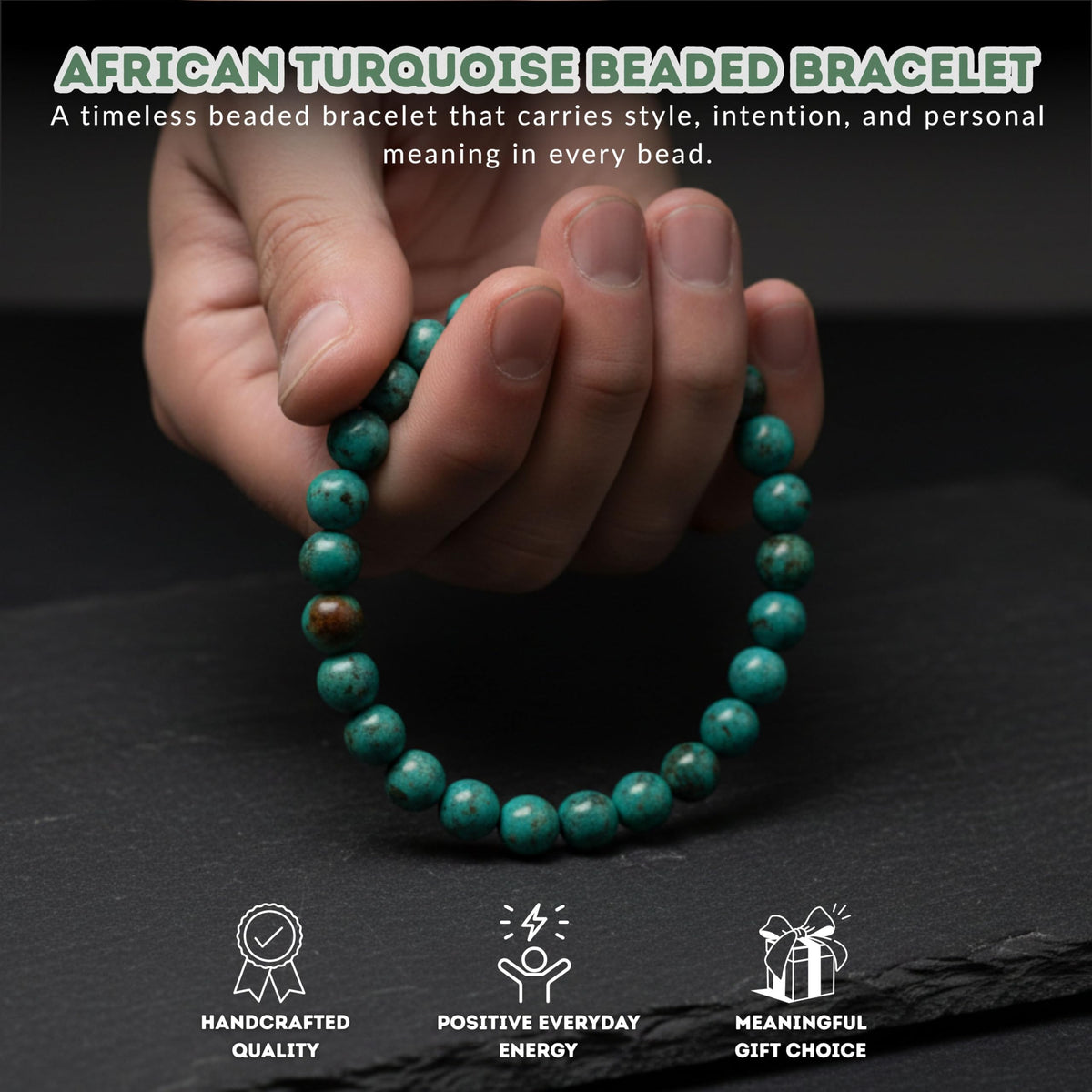 African Turquoise Bracelet 8mm Beaded Bracelet (African Turquoise / Medium)