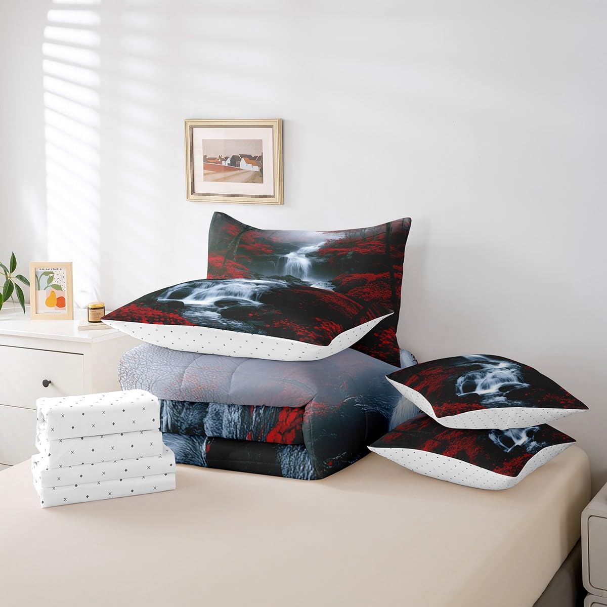 Waterfall Comforter Set Full Size 7 Piece for Boys Girls Teens (White and Red / Full)