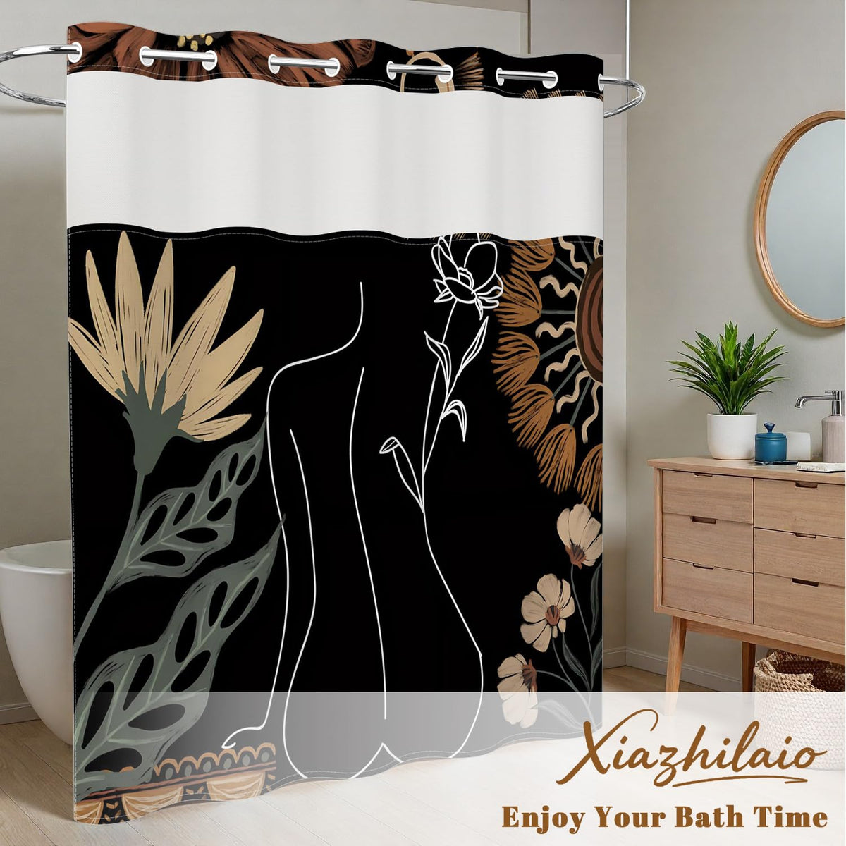 Abstract Boho Shower Curtain with Snap in Liner & Mesh Top Window (Abstract-3)