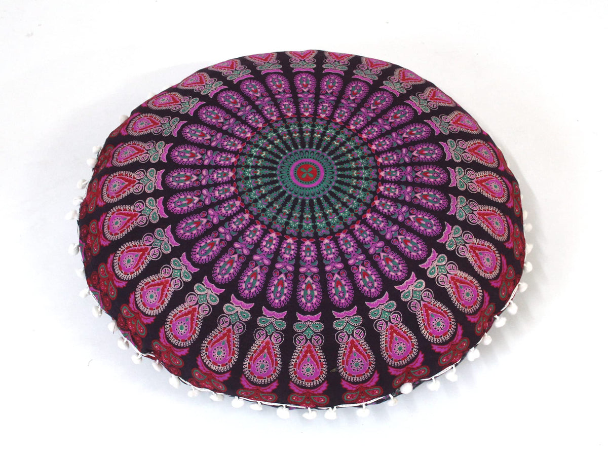 Large Hippie Floor Pillow Cover Mandala Meditation Cushion Case Pouf Cover Round Poufs Cover Bohemian Floor Cushion Cover Outdoor Fireplace Yoga Living Room Decor 32" Pink Mirchi (Pink Mirchi)