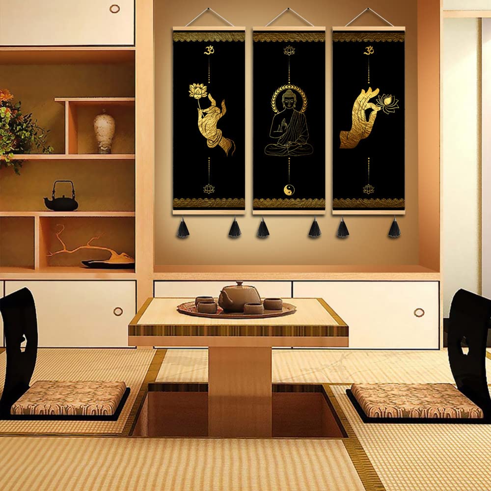 3Pcs Buddhism Zen Art Buddha Hand Gestures Gold Black Canvas Wall Art Yoga Print Poster Wood Scroll Frame with Tassel Painting Home Decor Artwork Ready To Hang (40x105cm 3pcs)