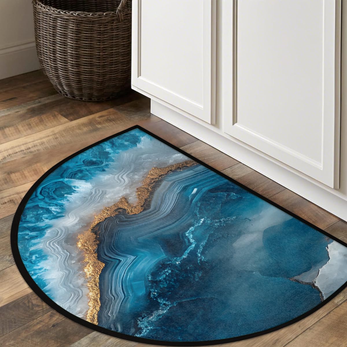 Modern Marble Blue Half Round Door Mat Half Moon Rug Washable Half Circle Area Rugs Indoor Entrance Non Slip Semi Circle Bathroom Rugs Floor Carpet for Kithen Bedroom Fireplace Decor (Color 10)
