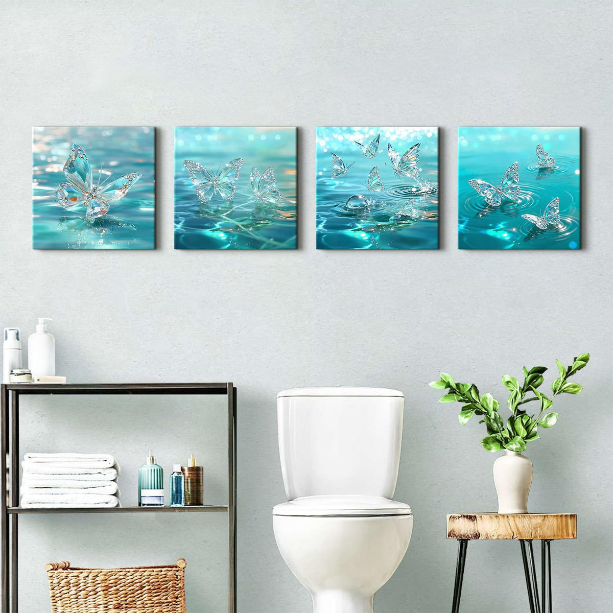 Teal Butterfly Wall Art Turquoise Pictures for Bedroom Decor Crystal Butterflies Wall Decor Blue Butterfly Posters Prints Water Scenery Paintings Artwork Living Room Home Decorations 12x12” (12"L x 12"W / Butterfly02)