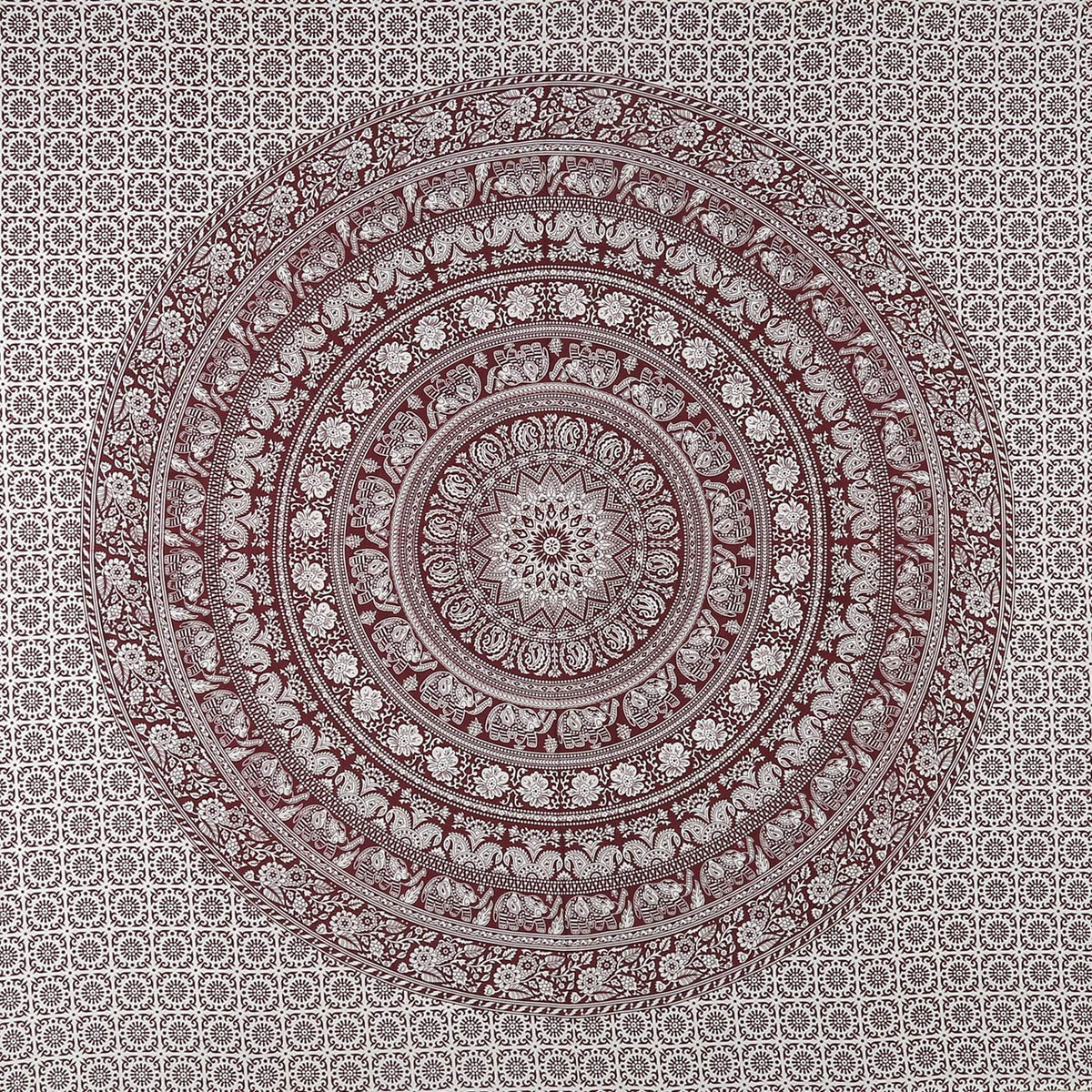 Elephant Mandala Tapestry Cotton Wall Hanging Hippy Tapestries Hippie Beach Throw College Dorm Decor Bohemian Boho Bedsheet (Burnt Maroon / 90"L x 108"W)