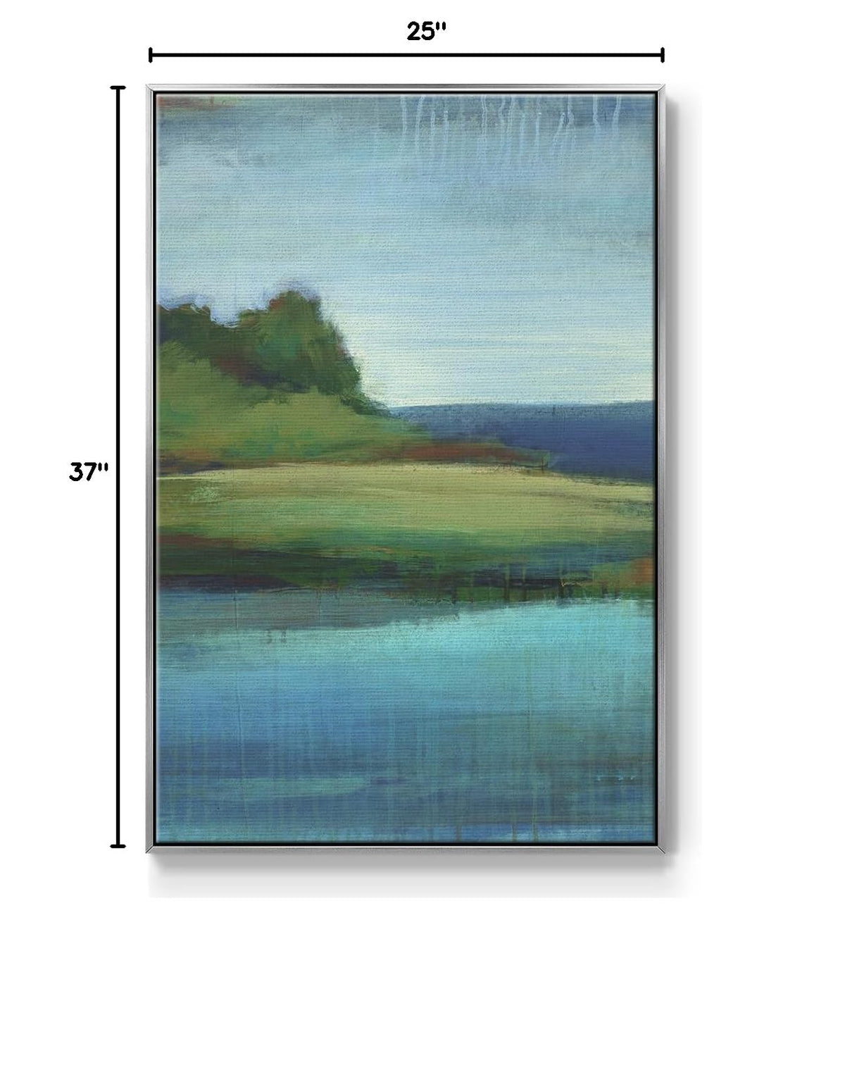 Canvas Nature Wall Art Home Paintings & Prints Green Calm Valley along Lakeside Abstract Silver Floater Frame Decorations for Office Kitchen Living Room (37"L x 25"W / Silent Lakeside I)