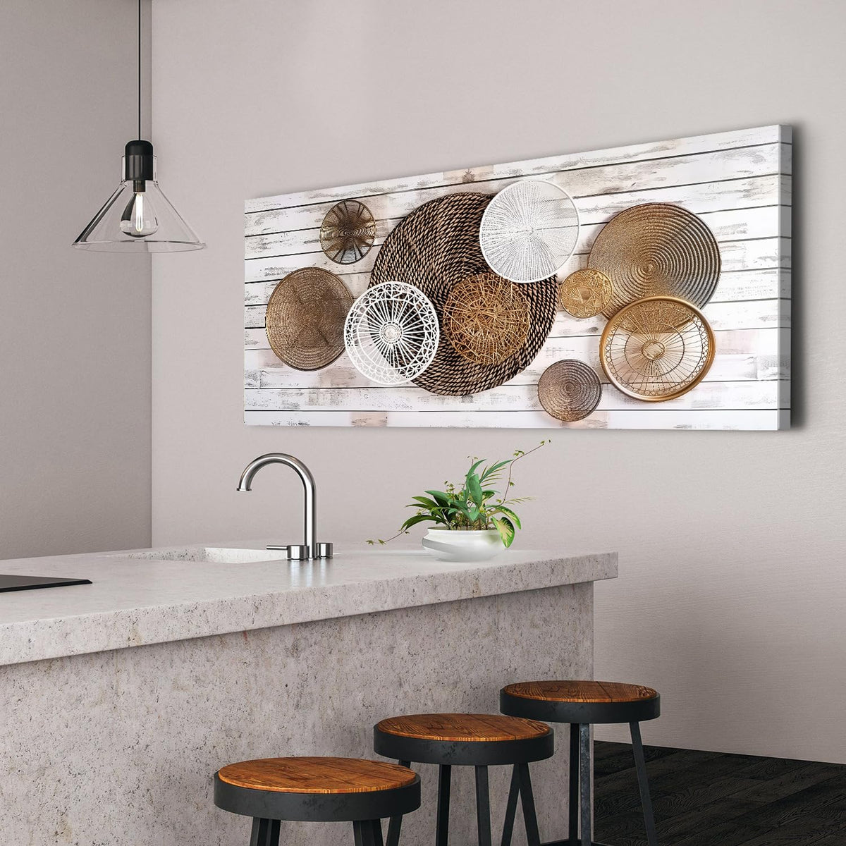 Boho Abstract Canvas Wall Art for Kitchen Picture for Dining Room Rustic Neutral Geometric Basket Painting Wall Decor Farmhouse Prints Minimalist Poster Artwork Home Bedroom Decorations 24x48” (48"x24"x1 / ABSTRACT02)