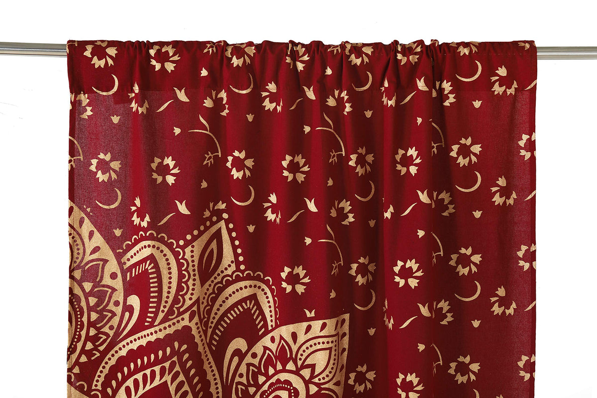 Indian Hippie Bohemian Beautiful Ombre Maroon Color Mandala Curtain Panels Gold (38"W x 83"L (Pack of 2) / Maroon Gold)