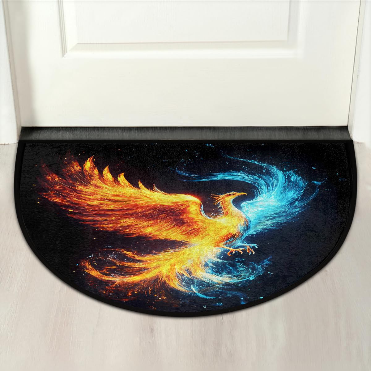Abstract Fire Water Phoenix Half Round Door Mat Indoor Entrance Low Pile Non Slip Absorbent Semi Circle Welcome Mats Doormats 36x24 in Floor Mats for Home Kitchen (Abstract Fire Water Phoenix)