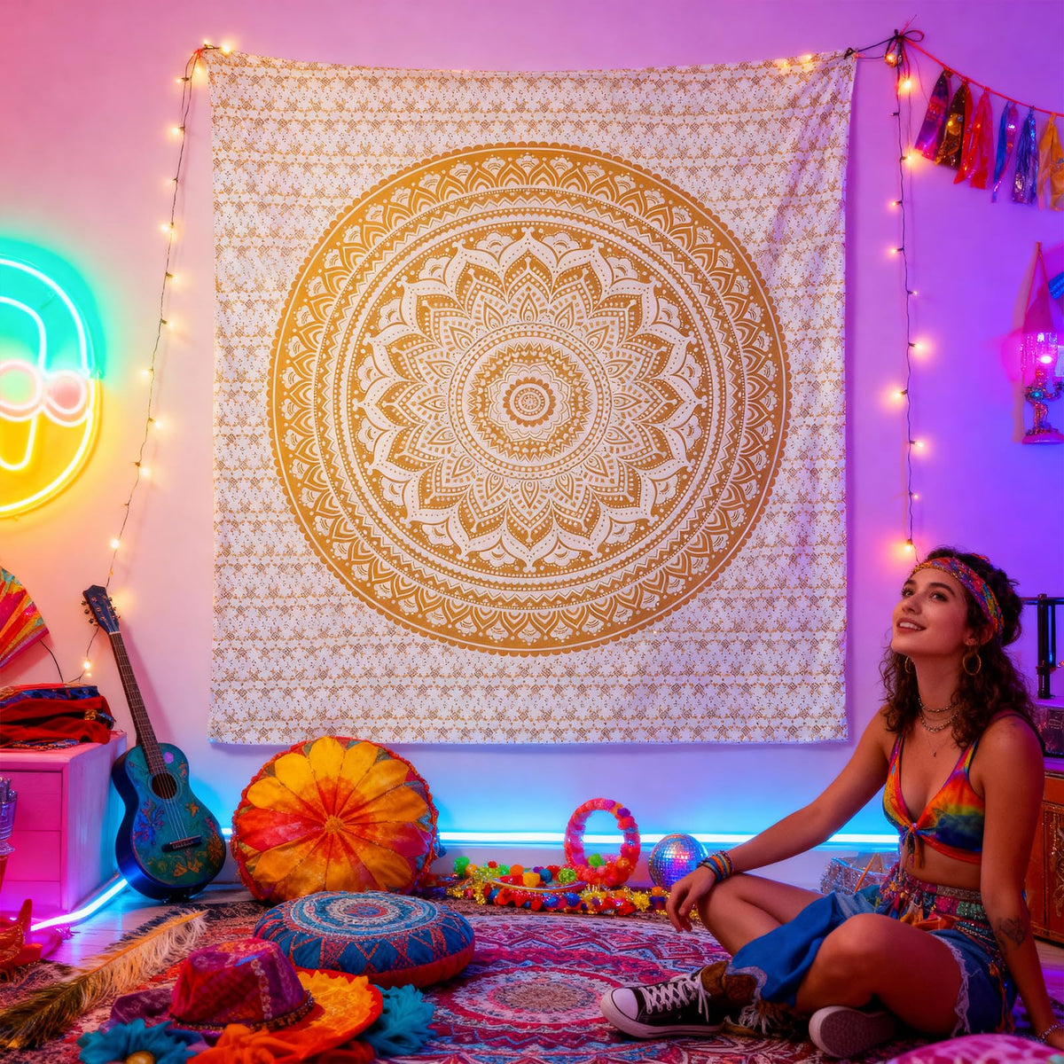 Handmade Cotton Mandala Wall Tapestry (White Gold / 108"L x 90"W)