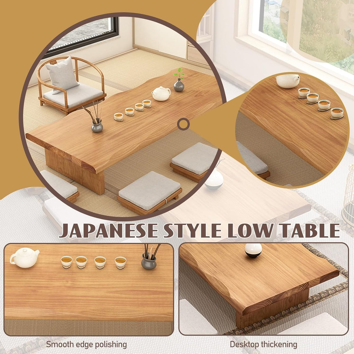 55" Solid Wood Japanese Floor Table (Natural Wood / 140*60*35cm)