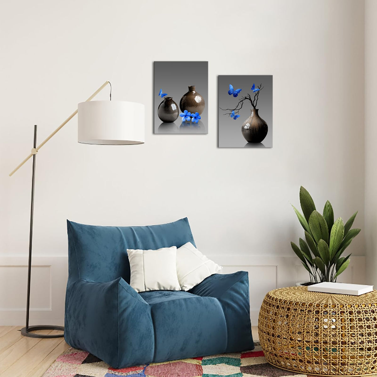 Zen Bathroom Decor Flower Butterfly Wall Art Prints Spa Decor Picture Bathroom Wall Art Framed (Blue)