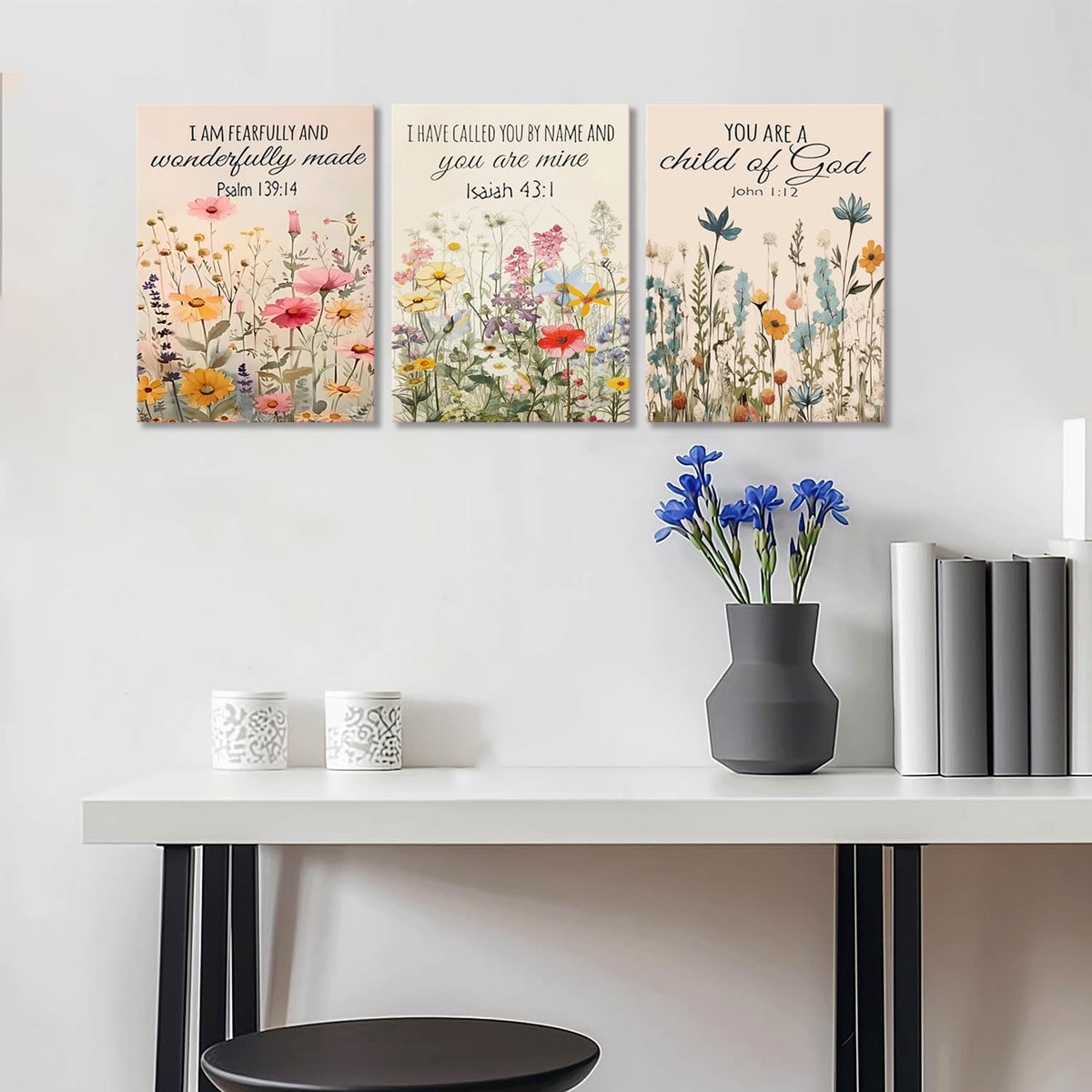 3Pcs Christian Floral Scripture Canvas Wall Art (Flower canvas / 24L"x16W")