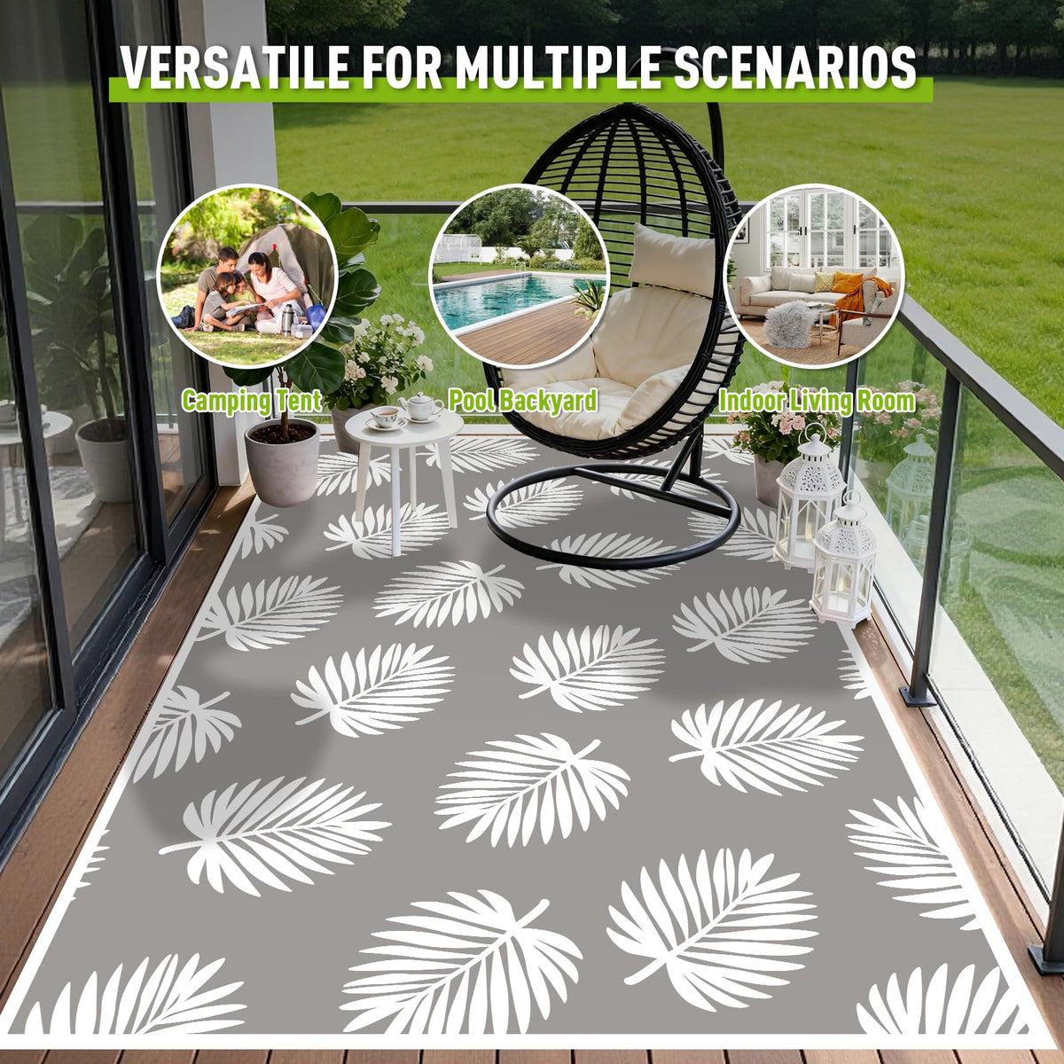 Outdoor Rug 5x8 ft Waterproof plastic Mat For RV Backyard Deck Patio Grey (Palm Frond / 5x8 Feet)