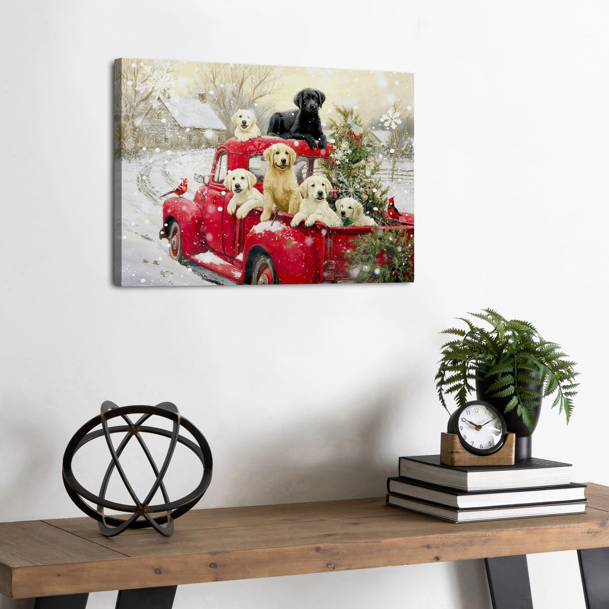 Christmas Wall Art for Living Room Red Pickup Truck Wall Decor Farmhouse Dogs Canvas Prints Christmas Tree Pictures Country Winter Snow Scenic Paintings Artwork Bedroom Kitchen Home Decorations 12x16" (16"L x 12"W / Xmas Puppy)