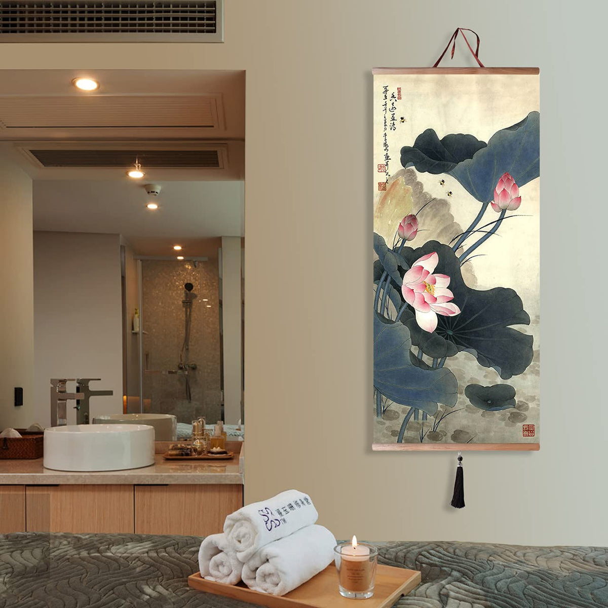 Canvas Painting Prints Wall Scroll Fengshui Art for Decor 32x14in (Lotus Fragrance)