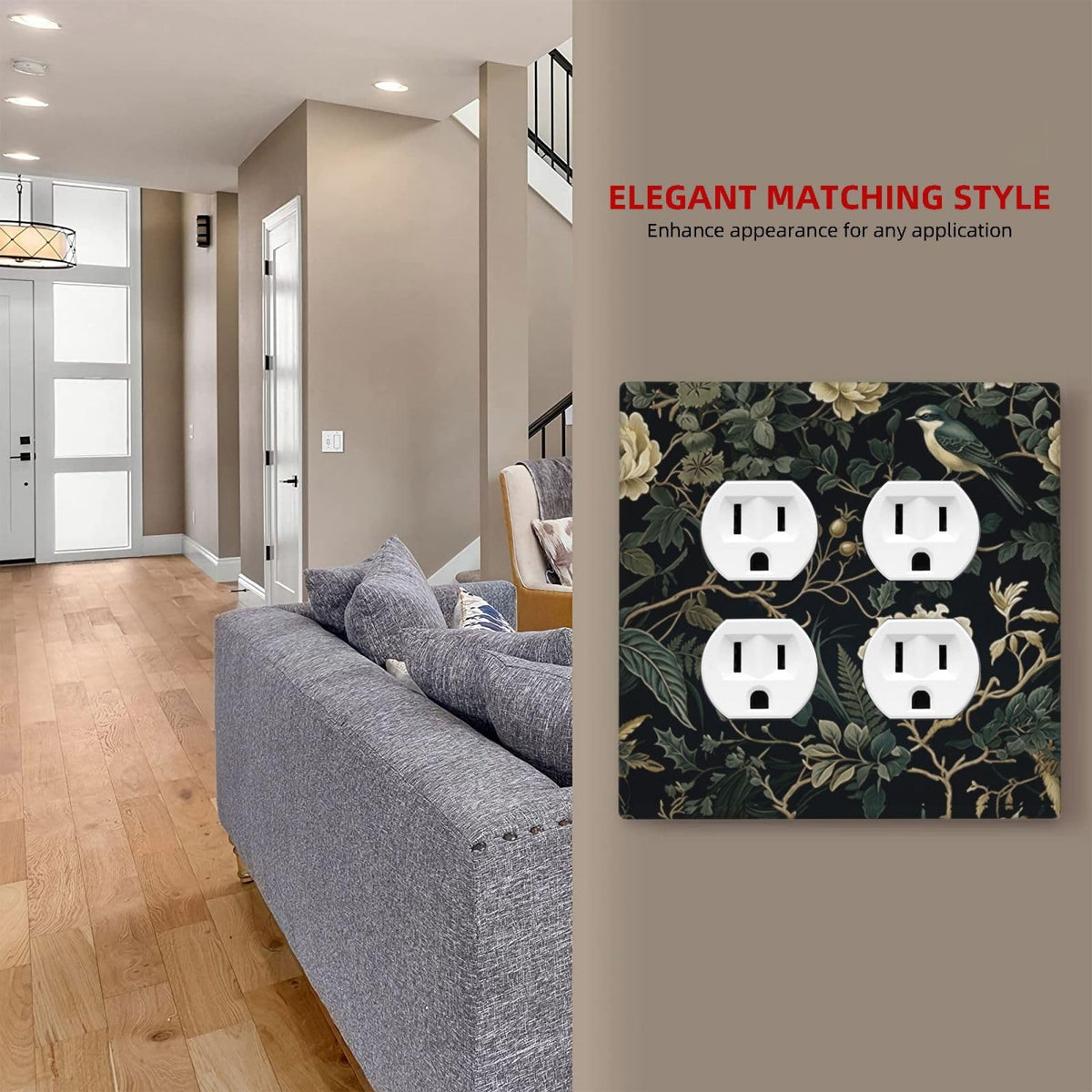 Spring Black Boho Floral Leaf 2 Gang 2 Duplex Combination Light Switch Cover Decorative Combo Dual Device Receptacle Switch Face Wall Plate (Spring Black Boho Floral Leaf / 2 Gang2 Duplex)